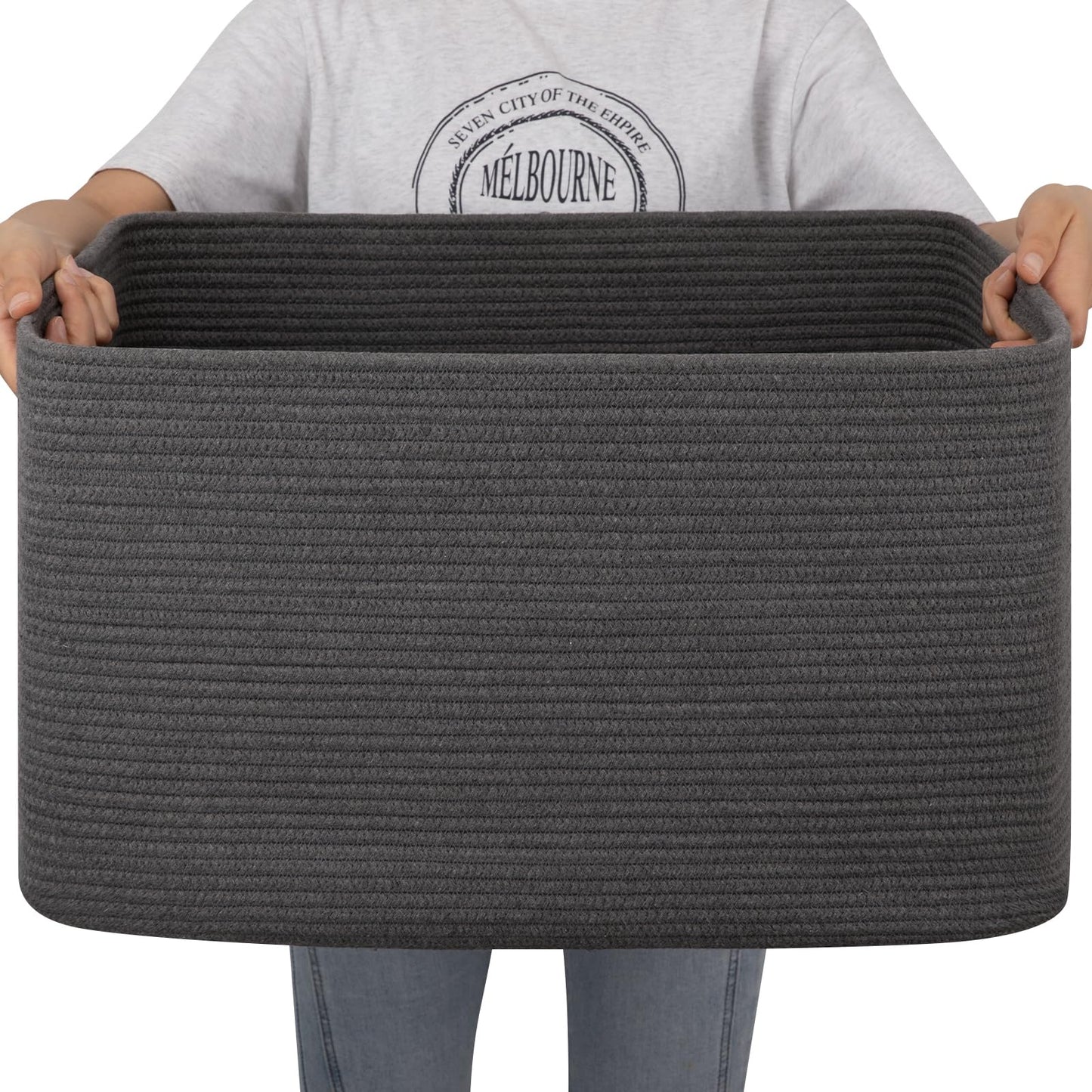 OIAHOMY Large Blanket Basket,Storage Basket with Handle, Blanket Basket for Living Room, Rectangle Woven Cotton Rope Basket for Bedroom, Toy Baskets Organizer Bins, 22" x 17" x 12" in, Dark Grey