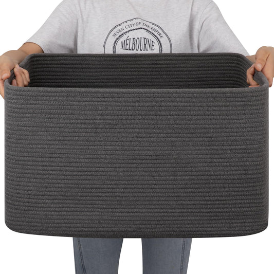 OIAHOMY Large Blanket Basket,Storage Basket with Handle, Blanket Basket for Living Room, Rectangle Woven Cotton Rope Basket for Bedroom, Toy Baskets Organizer Bins, 22" x 17" x 12" in, Dark Grey