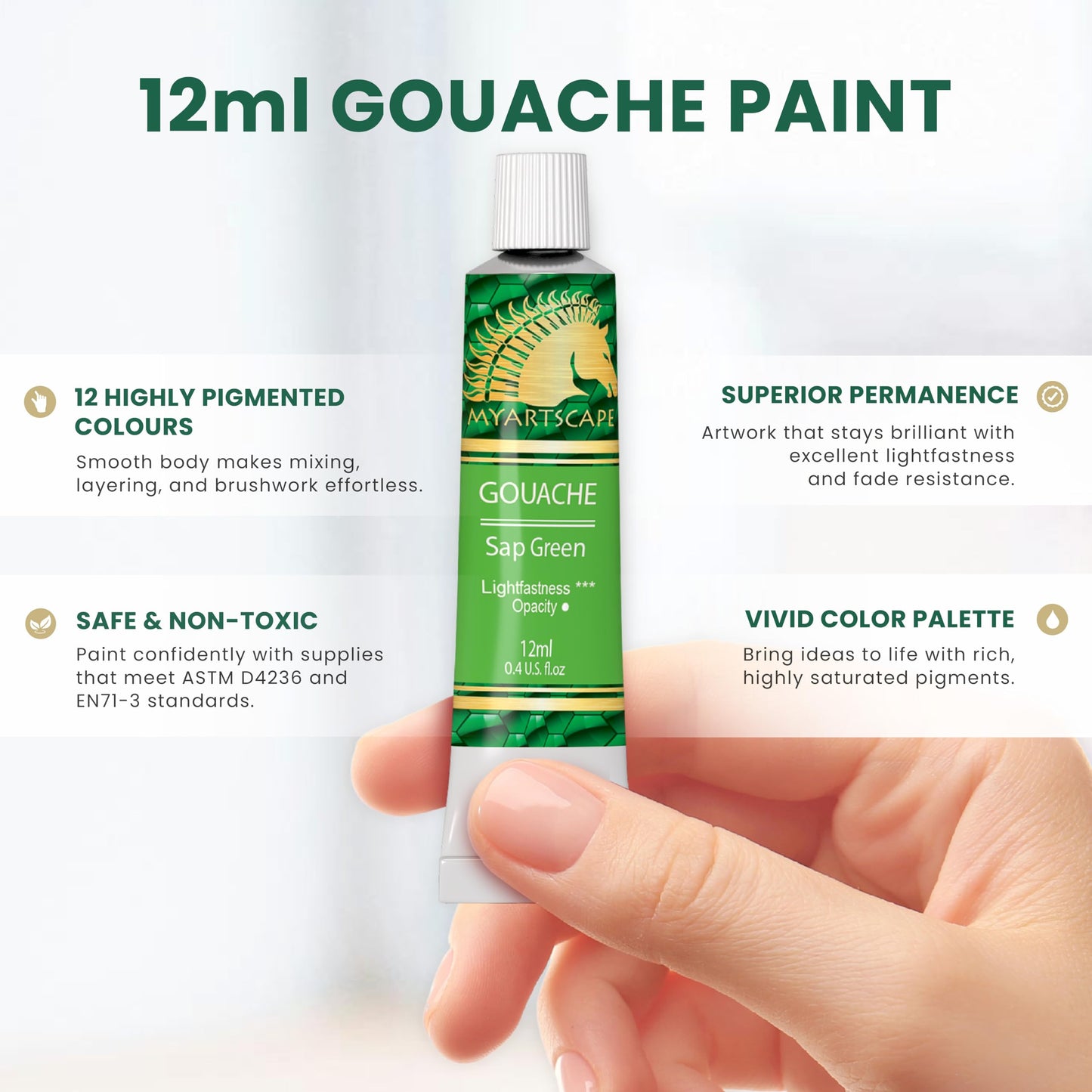 MyArtscape Gouache Paint Set, 12 Colors, 12 x 0.4 fl oz (12 ml) Tubes, Artist Quality High Pigment Matte Rewettable Gouache Paints for Canvas, Illustration & Professional Art