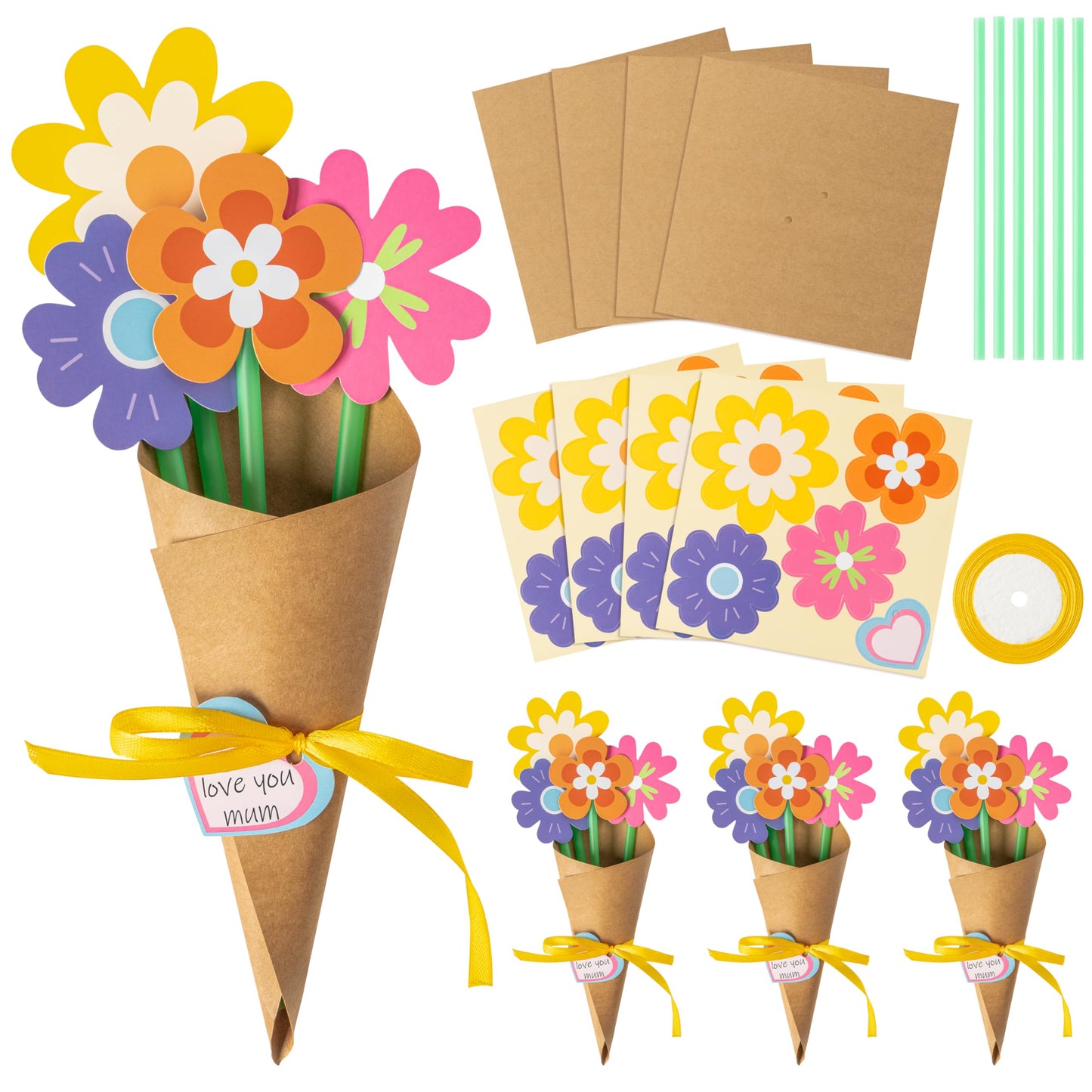 BeYumi Flower Bouquet Craft Kit - 24Pcs Mother's Day Flower Bouquet Craft for Kids Make Your Own Bunch of Flowers Teacher Appreciation Week DIY Thankful Gift Set School Classroom Home Fun Activities