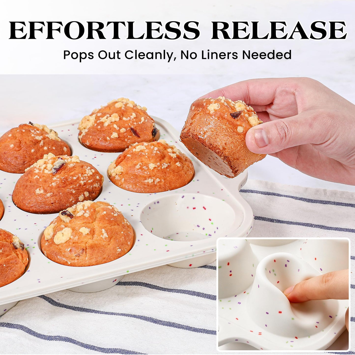 AOTASO Regular 12 Cup and Mini 24 Cup Nonstick Cupcake Pan Set Silicone Muffin Pan for Baking Silicone Cupcake Mold with Metal Reinforced Frame BPA Free (2 Pcs, Cream)