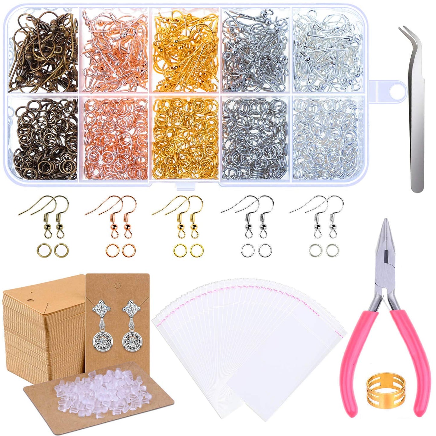 Earring Making Supplies,   1350pcs Earring Making Kit with Earring Hooks, Jump Rings, Pliers, Earring Backs, Earrings Holder Cards and Clear Bags for DIY Earring Supplies and Earring Findings