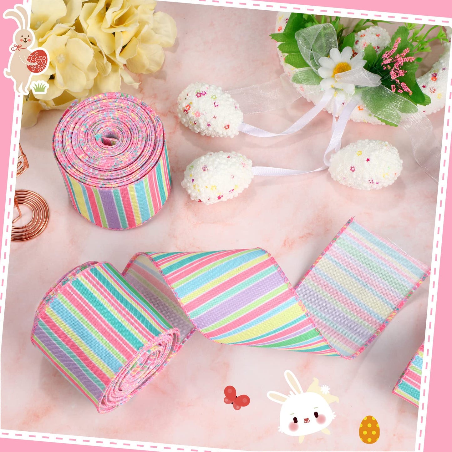 2 Rolls 20 Yards Easter Spring Wired Ribbon Pastel Wired Stripe Ribbon Edge Horizontal Stripe Canvas Spring Decorative Craft for Wrapping Christmas Party Crafting