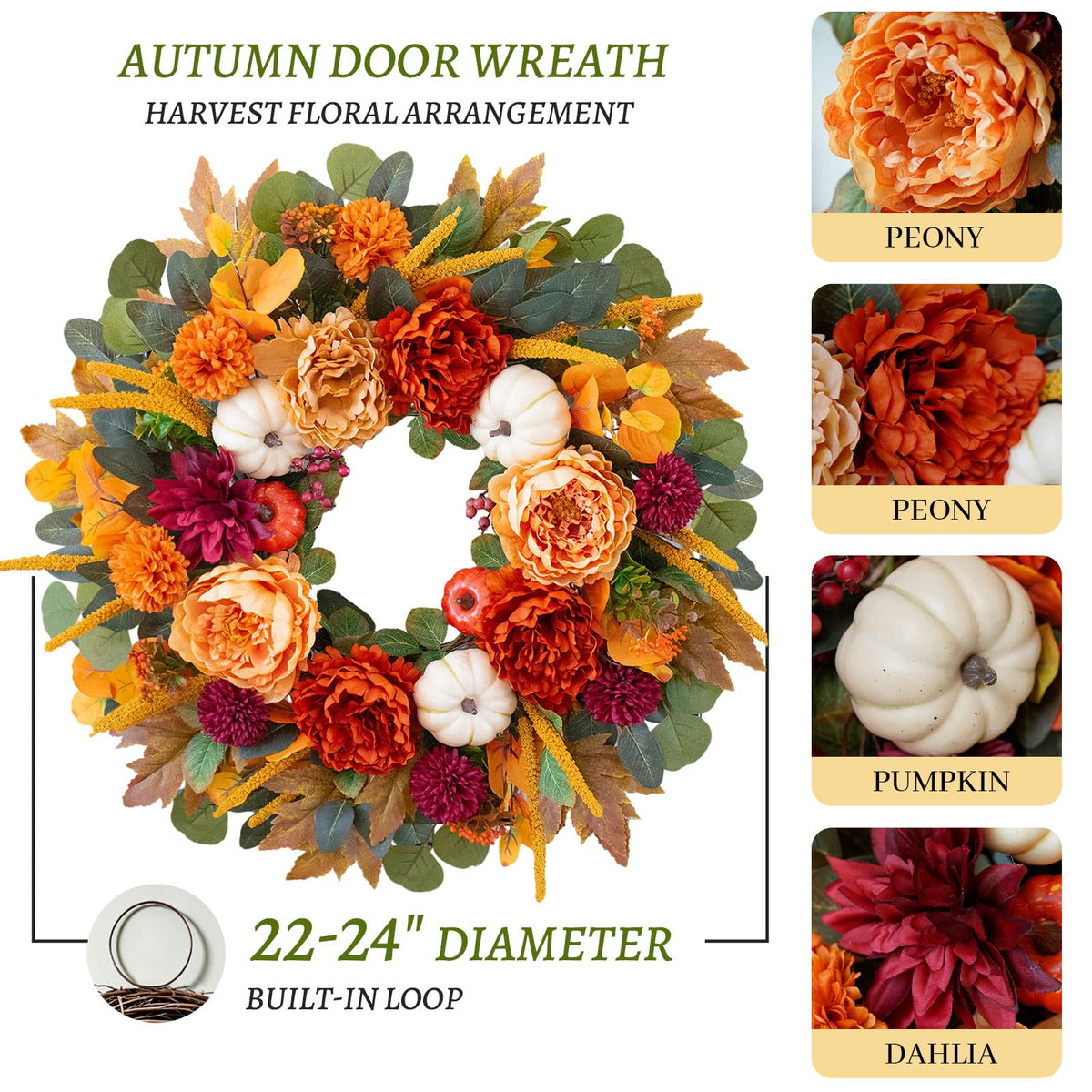 24 Inch Fall Wreaths for Front Door with Orange Peony and Burgundy Dahlias
