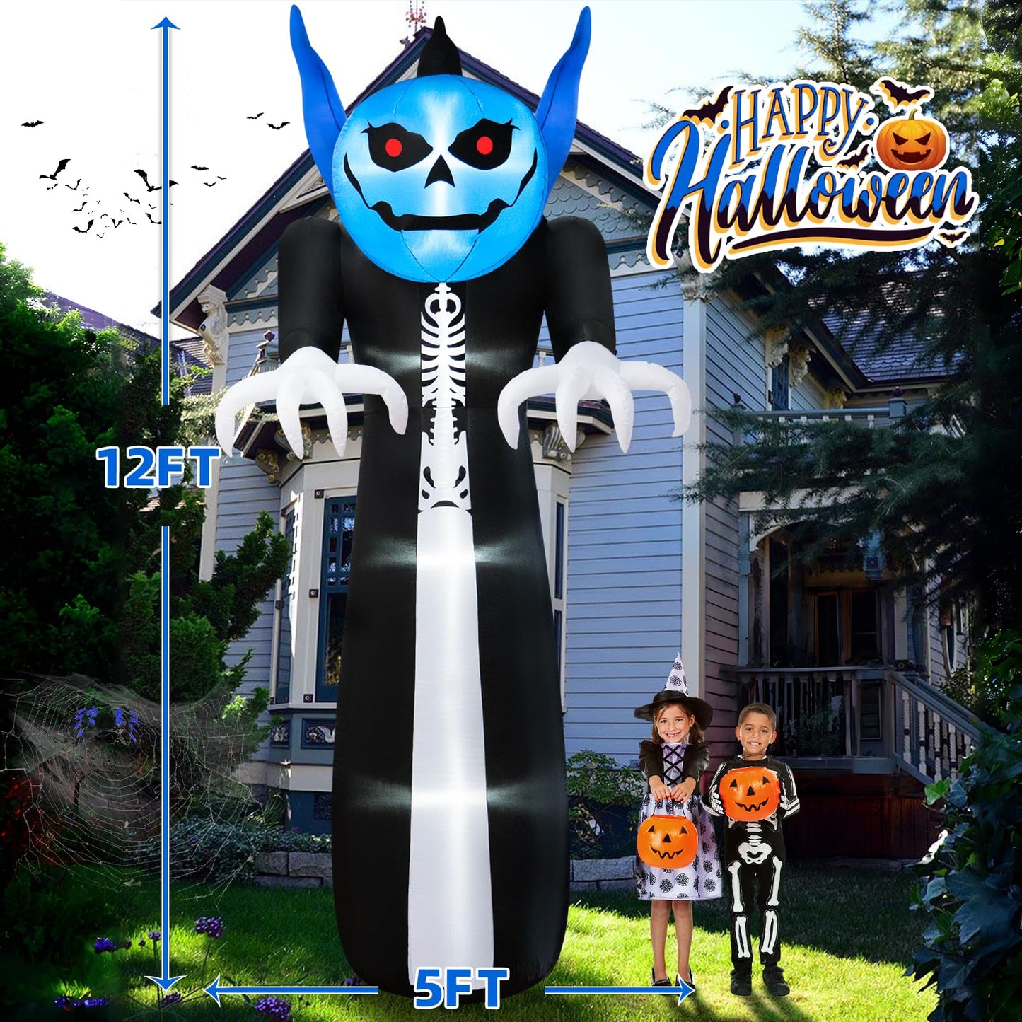 12FT Halloween Inflatables Pumpkin Reaper, Giant Pumpkin Ghost Inflatable Halloween Decorations with Blue Rotating LED Lights Blow Up Yard Decorations for Holiday Party Outdoor Garden Lawn