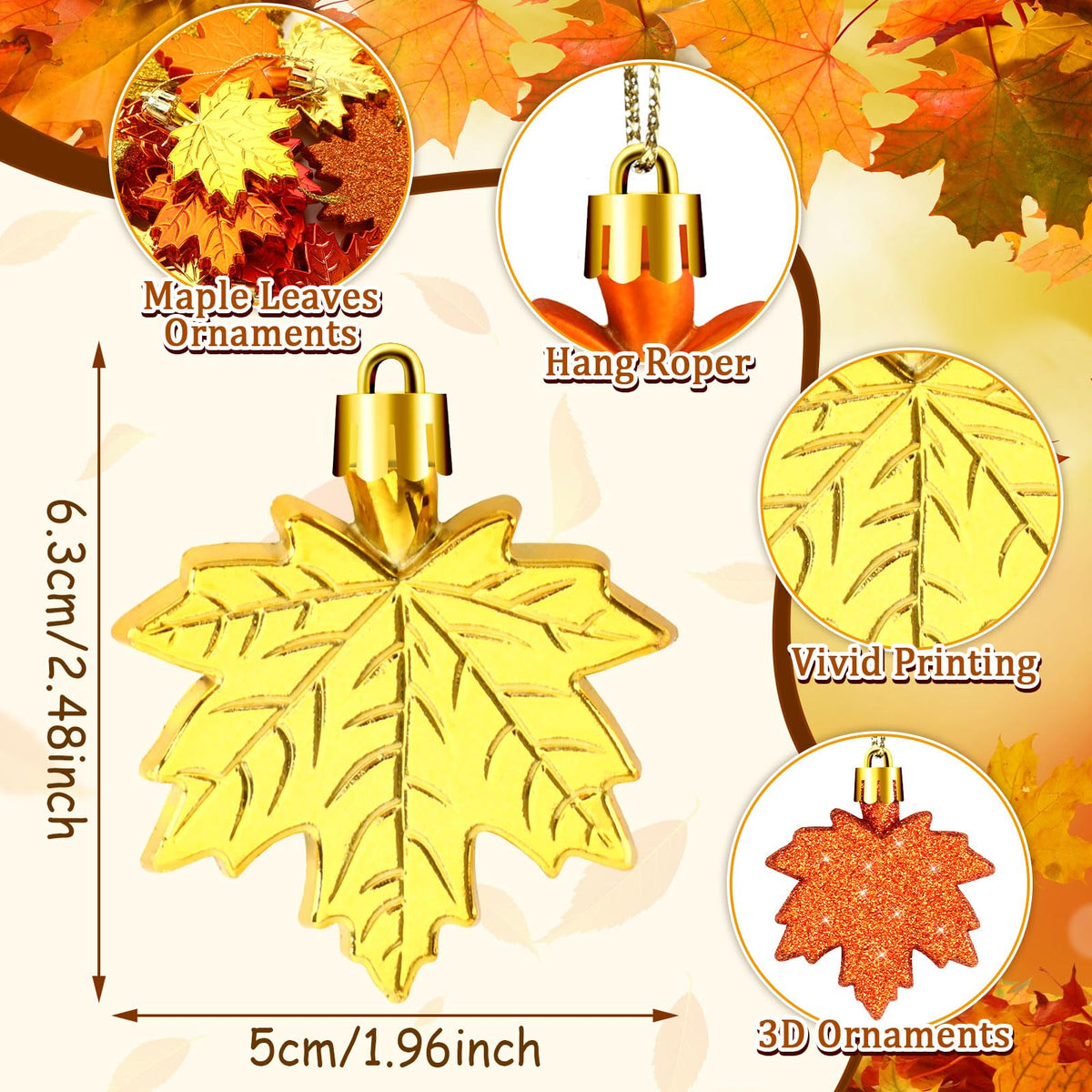 JULMELON 36 Pcs Fall Tree Ornaments, Glitter Maple Leaf Hanging Decorations