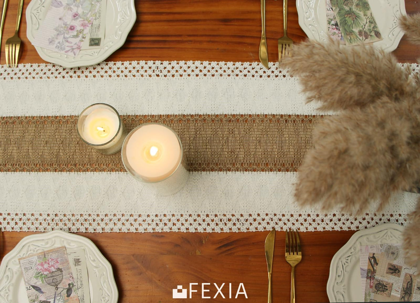 FEXIA Boho Table Runner for Home Decor with Tassels 72 Inches Long Farmhouse Rustic Table Runner Cream & Brown Macrame Burlap Fall Table Decoration for Living Room Bridal Shower (12x72 Inches)