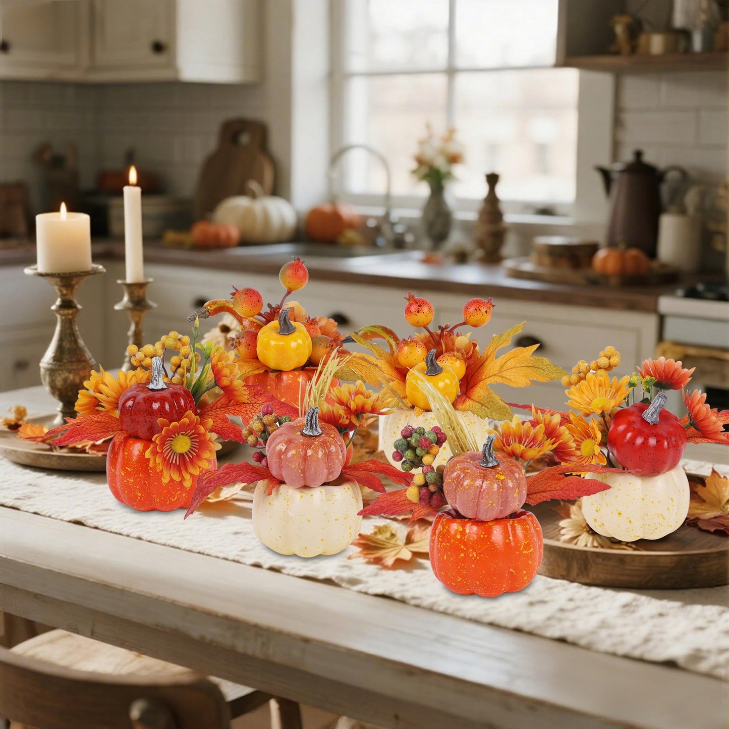 Fall Decorations for Home - Set of 6 Artificial Pumpkins with Maple & Flowers, Thanksgiving Table Decor, Pumpkin Vases Centerpiece for Kitchen Office Indoor