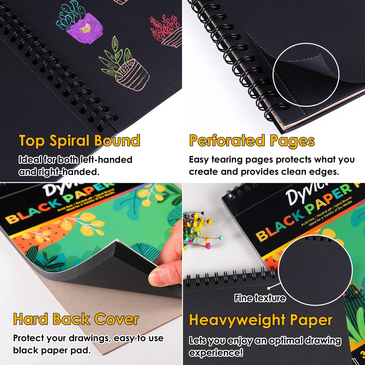 Dyvicl Black Paper Pad 5.5"x8.5" Sketch Book, 35 Sheets (90 lb/150gsm), Spiral Black Sketchbook Drawing Paper for Pencil, Pastel, White Ink Gel Pen, Charcoal, Chalk, Metallic Marker, Paint Pen