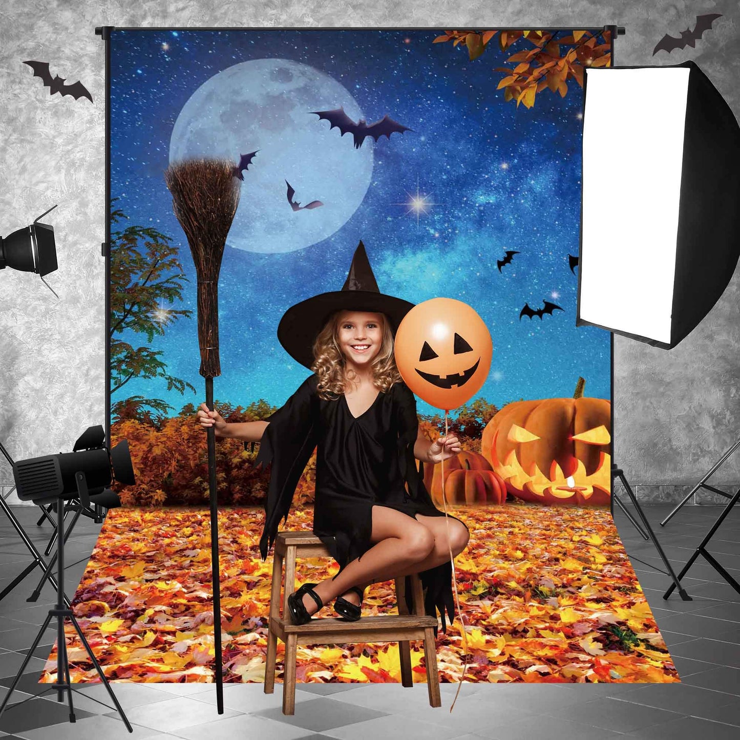 Msocio 5x7ft Polyester Halloween Backdrop Moonlight Pumpkin Fallen Leaves Photography Background for Birthday Baby Shower Trick or Treat Party Decoration Banner Photo Studio Props