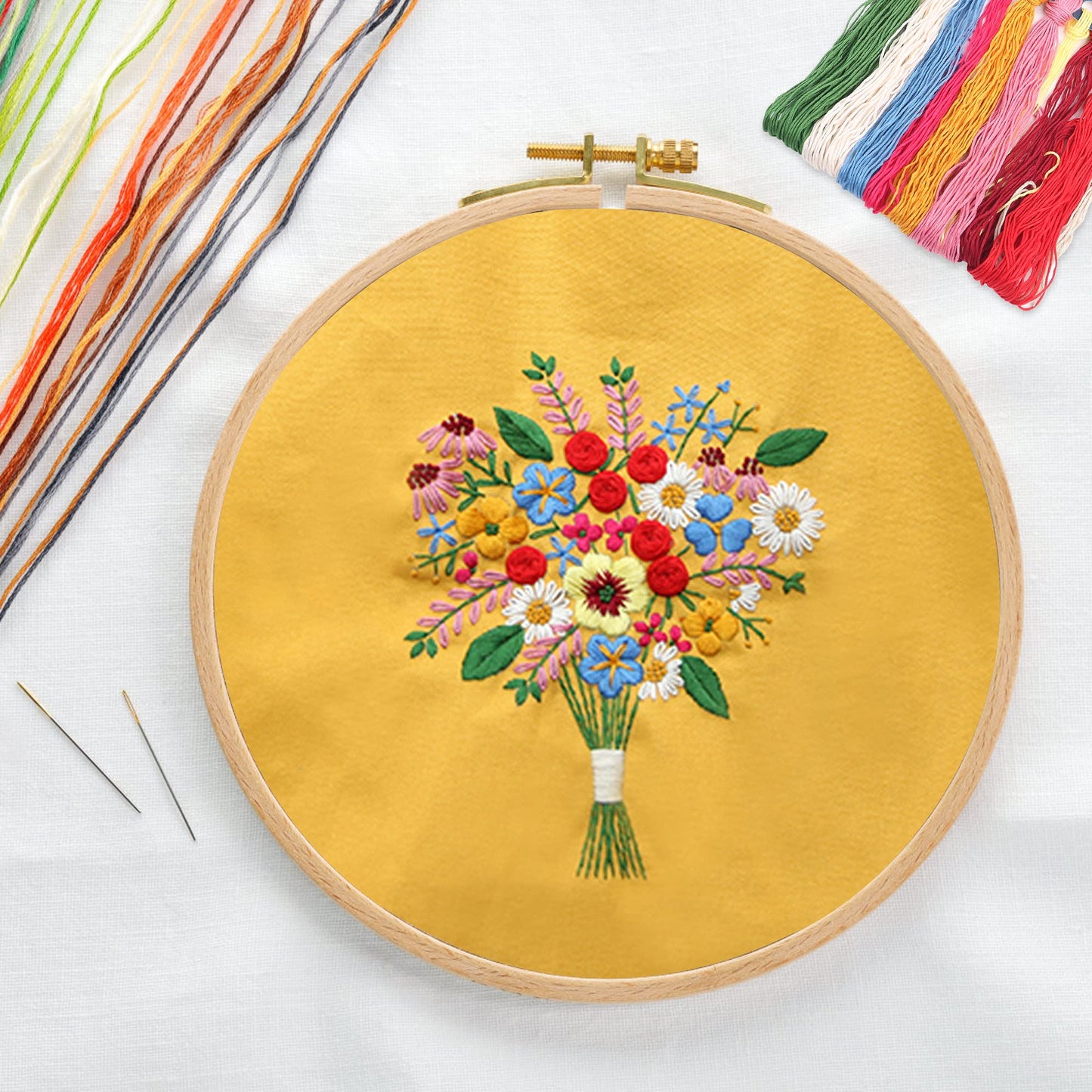Canvas Tote Bag Embroidery Kit with Pattern for Beginners, Arts and DIY Crafts Kits for Adults, Include Instructions Embroidery Bag, Embroidery Hoops, Color Threads and Tool (Yellow)