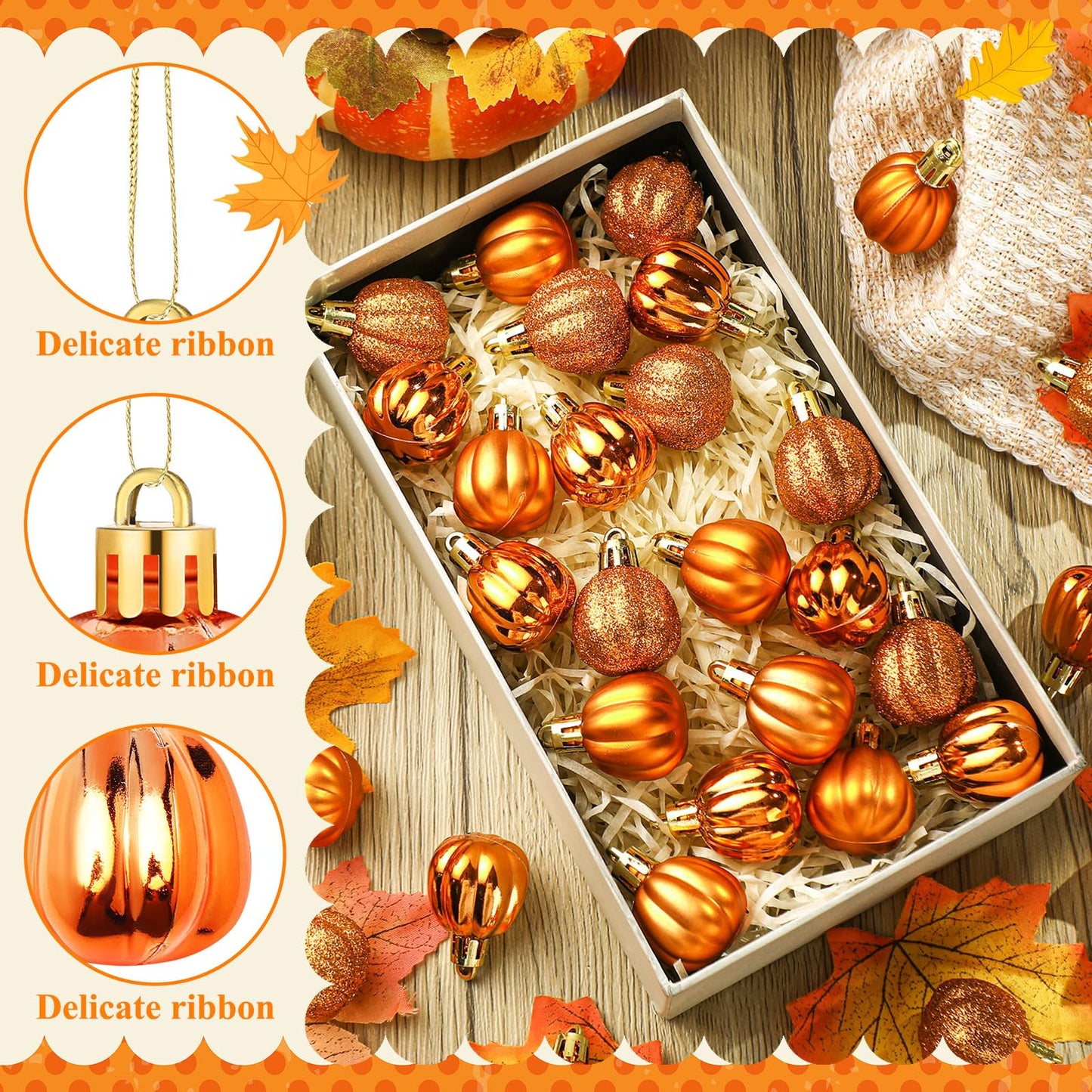 36 Pcs Thanksgiving Pumpkin Hanging Ornaments Fall Tree Decorations Mini Pumpkin Ball Decorations Farmhouse Fall Ornaments for Small Tree for Autumn Halloween Christmas(Gold)