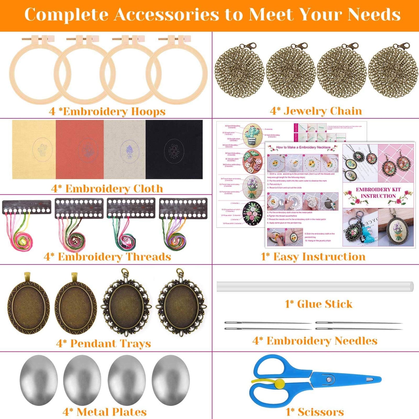 4 Packs Embroidery Kit for Beginners, Shynek 26 Pcs Mini Cross Stitch Kits includes Stamped Embroidery Clothes with Flowers Pattern Embroidery Necklace Pendant Embroidery Hoops and Necklace Chains