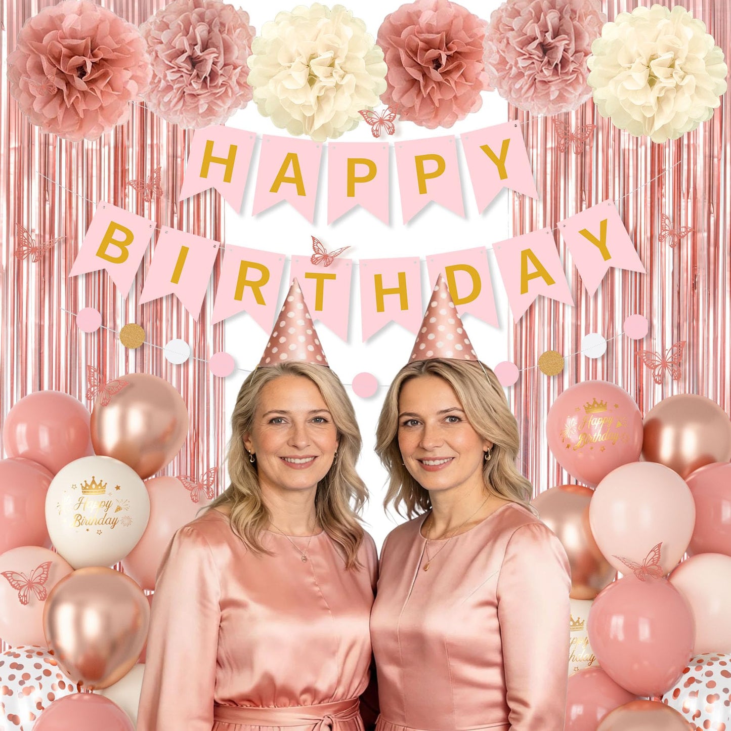 Pink Decorations for Women Girls, Dusty Pink Sand Rose Gold Metallic Printed Balloons Butterfly Stickers Fringe Curtain Happy Birthday Banner Circle Dots Garland Paper Pompoms Valentines Supplies