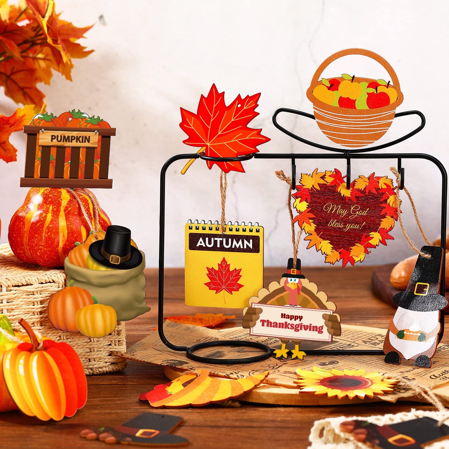 24 Pieces Thanksgiving Ornaments for Tree Fall Tree Decorations Pumpkins Leaves Wooden Hanging Ornaments Gnomes Turkey Cutouts Autumn Thanksgiving Decoration for Holiday Party Supply