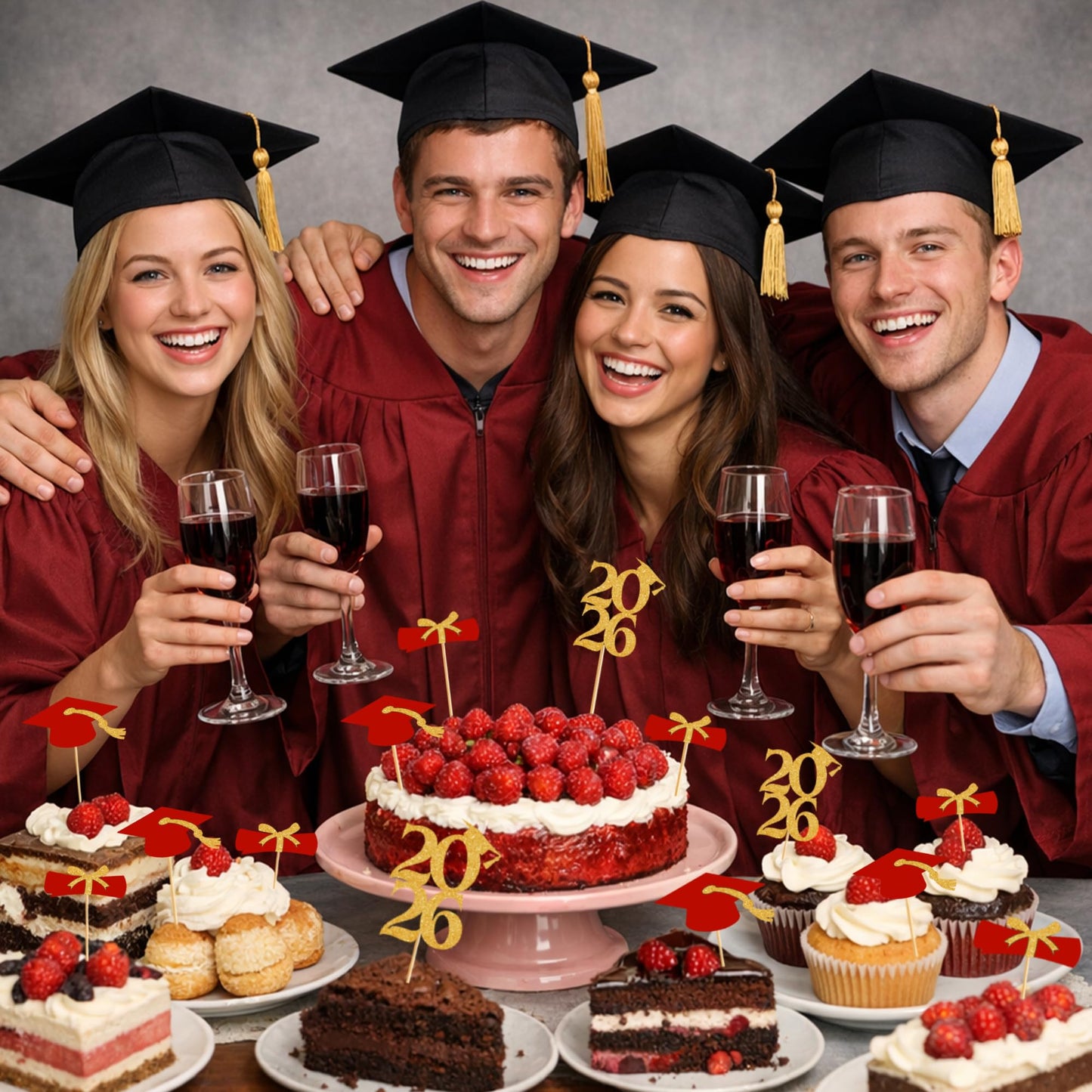 OHOME Graduation Decorations 2026-36 PCS Graduation Cupcake Toppers - 2026 Graduation Party Decorations - Mini Cake Decorations for Class of 2026,Diploma, 2026, Grad Cap Set (Red)