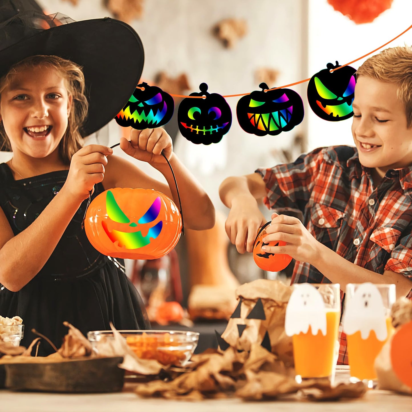 48 Pieces Halloween Scratch Paper Crafts Kit Bulk of Halloween Pumpkins Magic Rainbow Scratch Art for Kids DIY Party Ornaments Halloween Decor with 6 Pcs Halloween Pumpkins Stencils