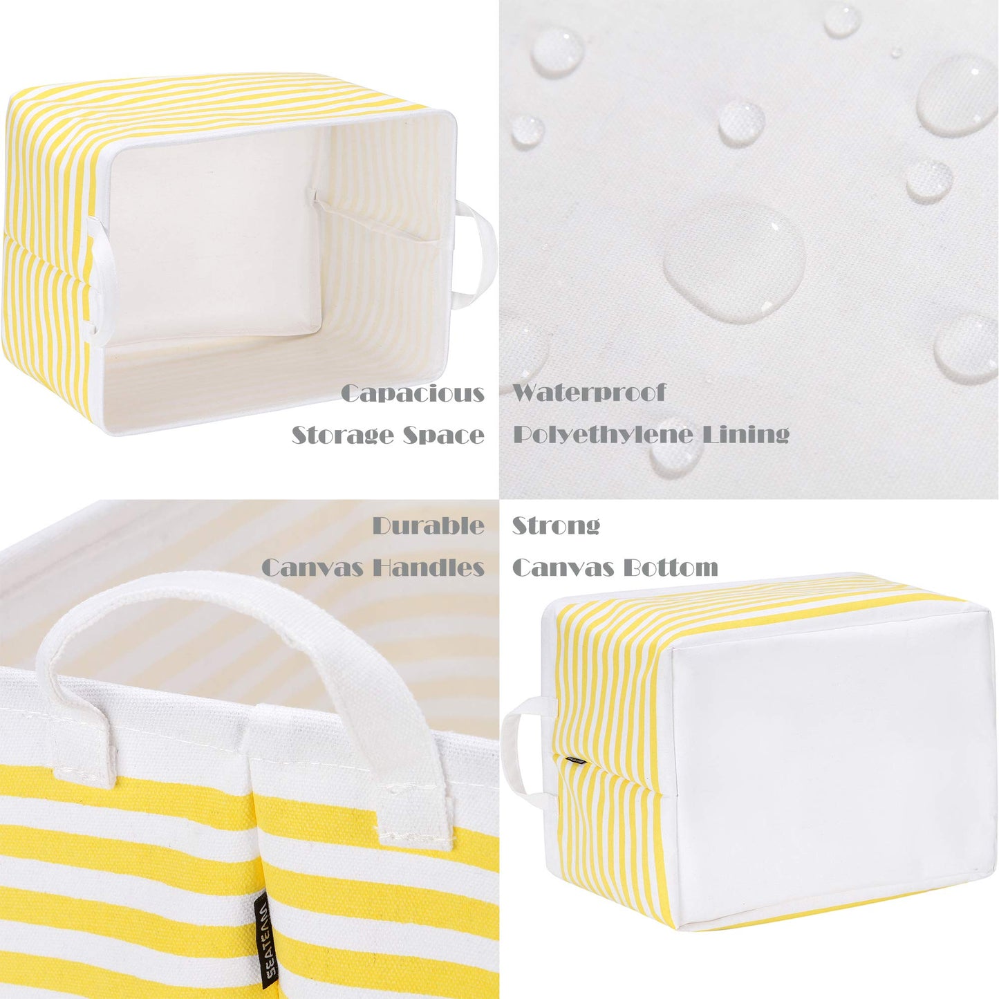 Sea Team Collapsible Canvas Fabric Storage Basket with Handles, Rectangle Waterproof Storage Bin, Box, Cube, Foldable Shelf Basket, Closet Organizer, 16.5 x 11.8 x 9.8 Inches, Yellow Stripe