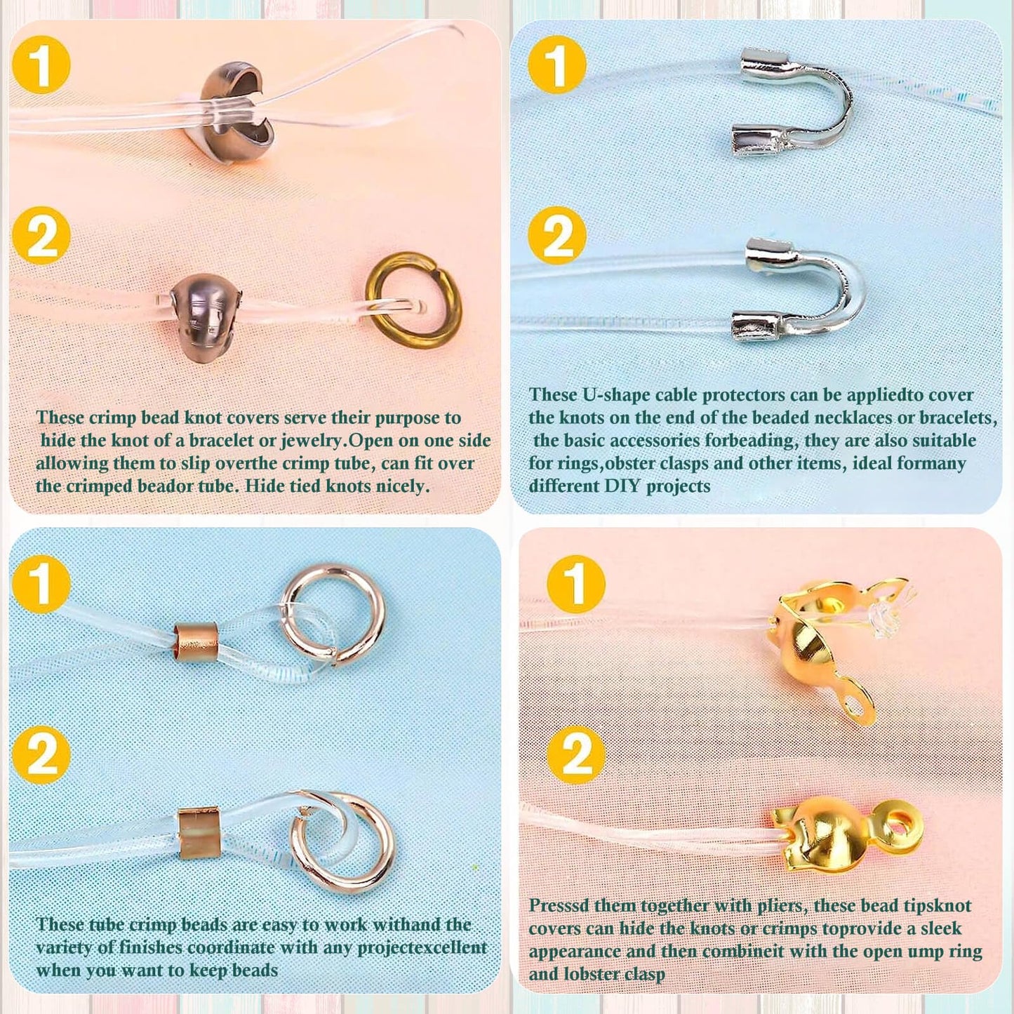 2160 Pieces Crimp Beads Kit for Jewelry Making, Knot Covers, Crimp Bead Covers, Crimp Tubes, Jump Rings and Wire Guardians with Crimping Pliers, Elastic String for Bracelets Necklaces Making