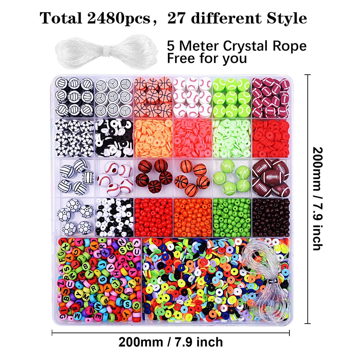 2480pcs Sports Ball Polymer Clay Beads Charms for Friendship Bracelets Making Kit Cute Fun Beads DIY Arts Crafts Birthday Gifts for Kids Girls Baseball Basketball Soccer Rugby Volleyball Football Bead
