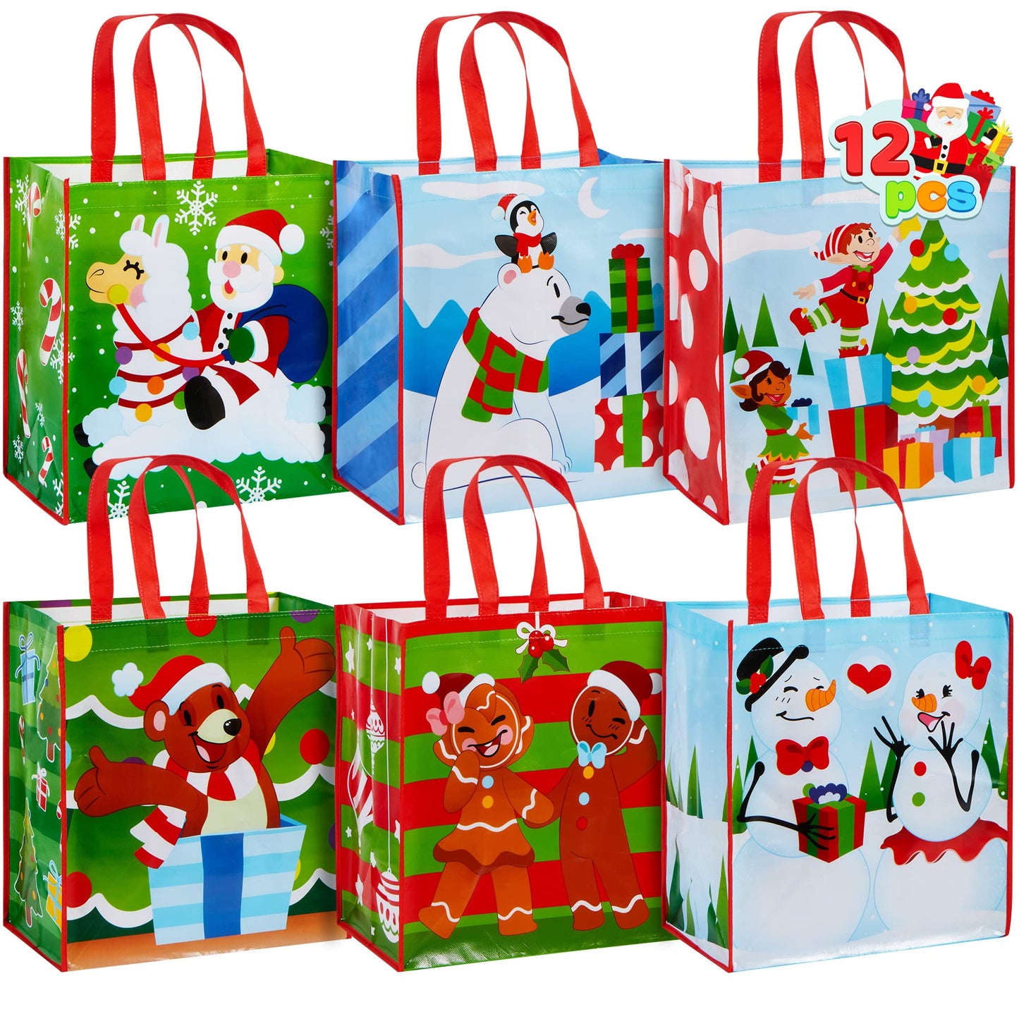 12 Christmas Extra-Large Gift Bags 13.75"x8"x14", Reusable Non-Woven Tote Bag With Handles for Xmas Wrapping Holiday Party Favors, Grocery Shopping