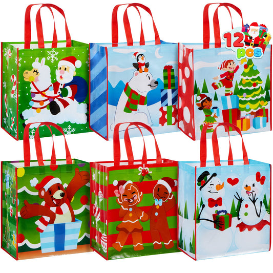 12 Christmas Extra-Large Gift Bags 13.75"x8"x14", Reusable Non-Woven Tote Bag With Handles for Xmas Wrapping Holiday Party Favors, Grocery Shopping