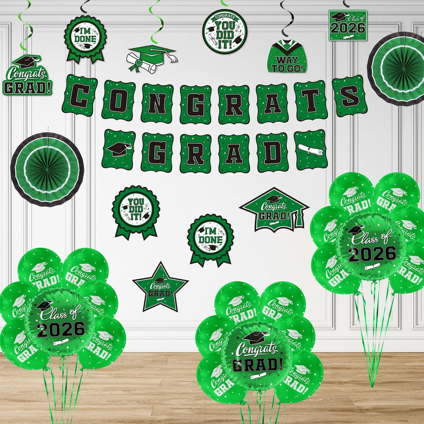 Green Themed 2026 Graduation Decorations Set - Congrats Grad Banner, Class of 2026 Backdrop, Balloons & Streamers Kit - Complete Party Supplies for High School & College Celebrations