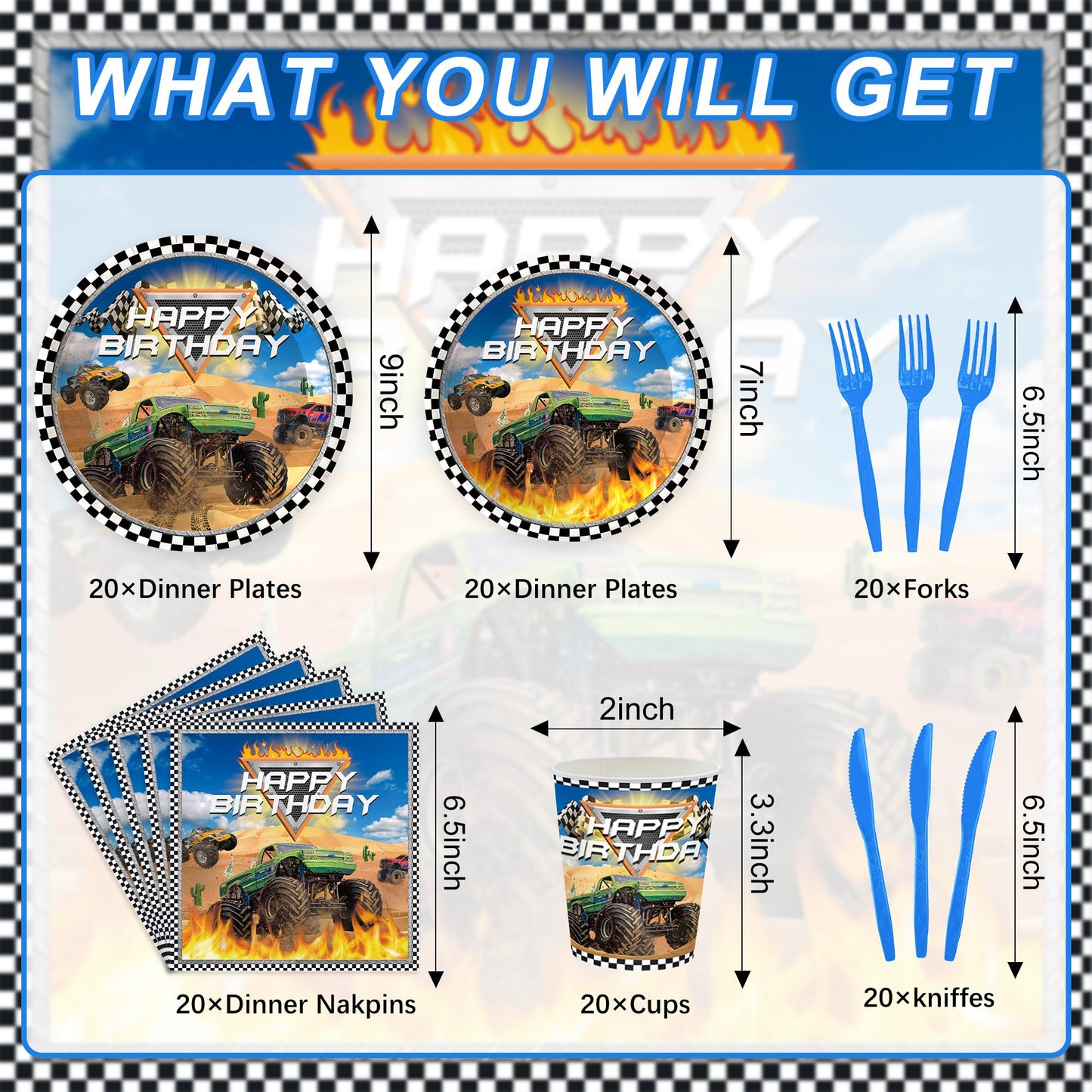 120PCS Monster Truck Party Supplies for Kids Boys 1st 2nd Birthday Party Decorations Monster Car Bday Party Disposable Tableware Set Plates Napkin Cups Set for 20 Guests