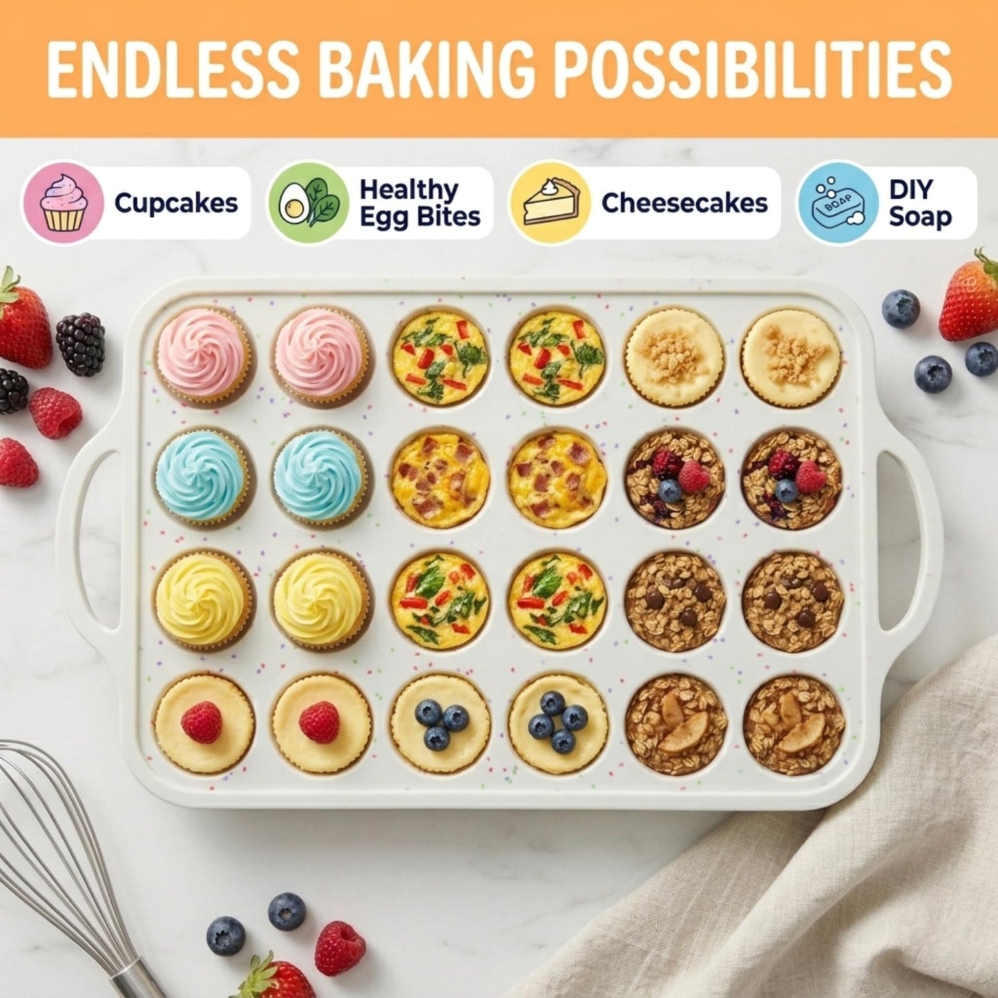 BAKE BOSS Mini Muffin Pan Silicone 24 Cup 2 Pack – Metal Reinforced Frame Nonstick Silicone Molds for Baking Muffins, Egg Bites & Cupcakes – LFGB BPA-Free, Dishwasher Safe, Cream
