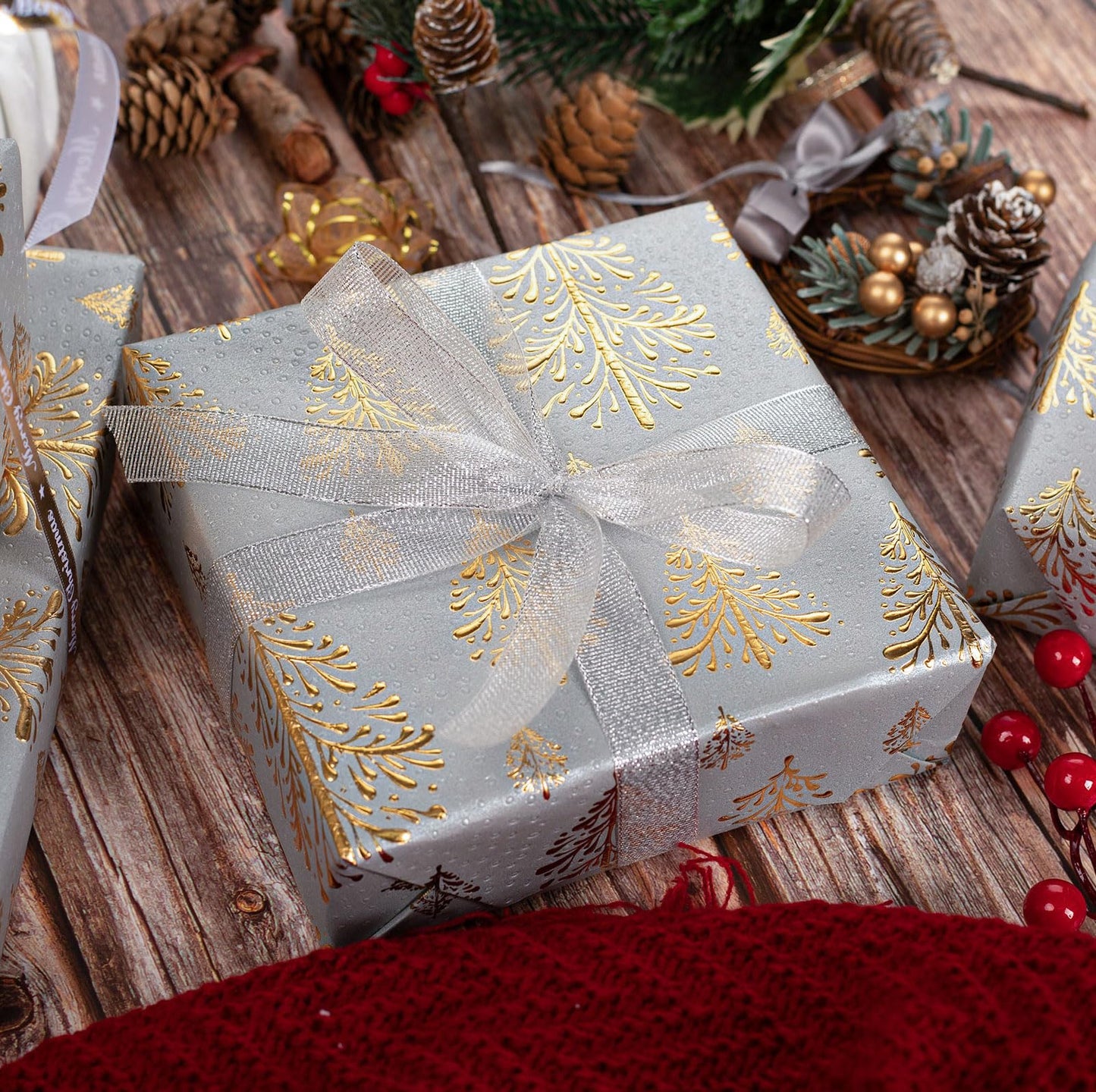 Kraft Christmas Wrapping Paper,Gray and Gold 3D Embossed Foil Christmas Tree with Woodlands Wrap Paper for Holiday, Party,Celebration, New Year (17 Inch X 32.8 Feet)