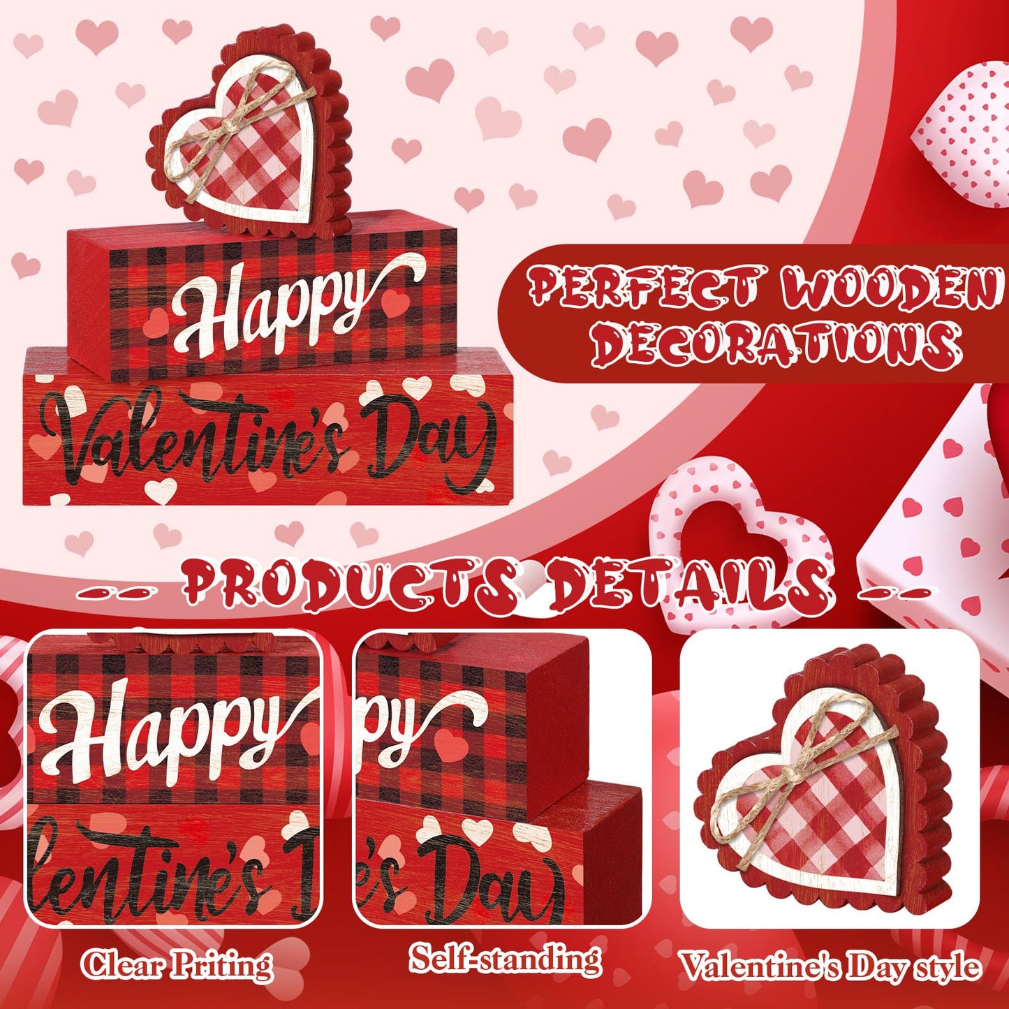3 Pcs Farmhouse Valentine's Day Tiered Tray Decor Table Sign Pink Theme Wood Decorations Valentine's Day Centerpiece Decor for Party Gift Desk (Classic Style)