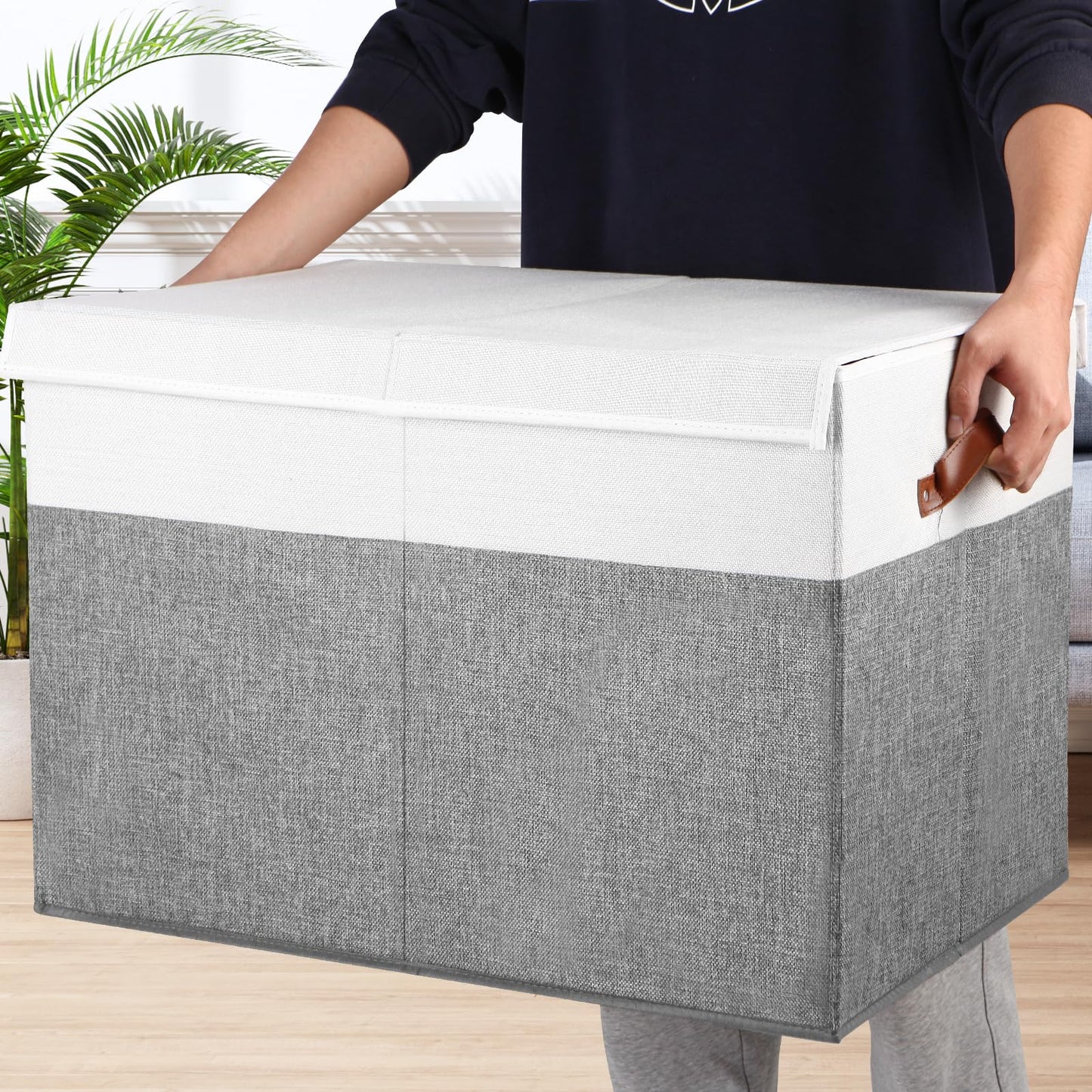 Gowee Large Toy Storage Box with Lid, Sturdy Toys Storage Chest Bin Organizer Basket with Dividers for Kids, Boys, Girls, Nursery, Closet, Bedroom, Playroom 26"x17" x17" (Grey and White)