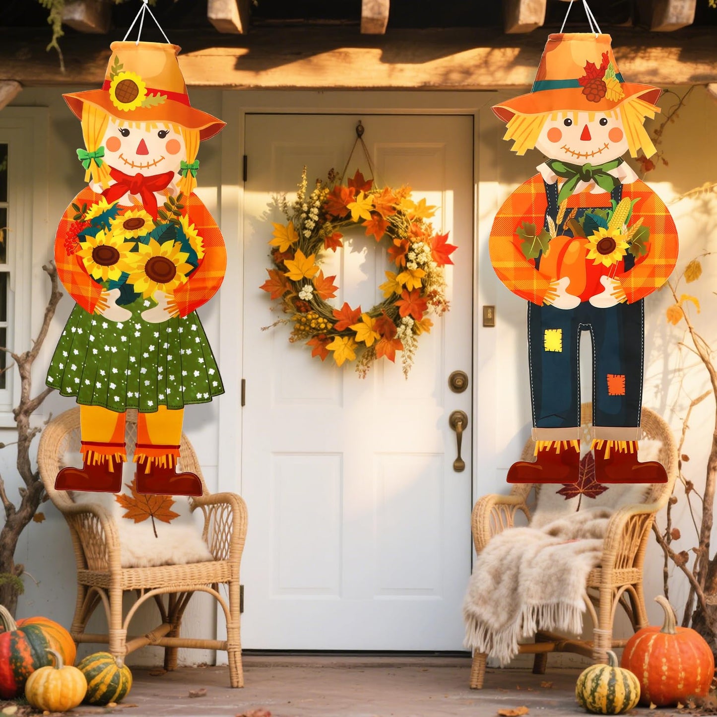 2 Pcs Fall Scarecrow Windsocks, Autumn Outdoor Hanging Flag Fall Scarecrow Hanging Sign Thanksgiving Outside Flag for Yard Lawn Patio Garden Party Decorations