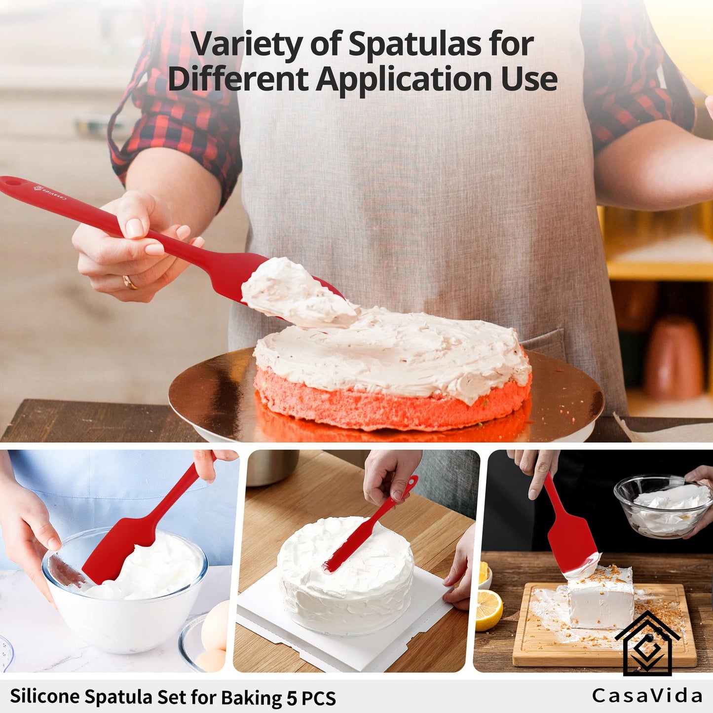 CasaVida Silicone Spatula Set 5pcs Red High Heat Resistant Non Stick Bakery Flexible BPA Free Dishwasher Safe Kitchen Utensils Bakeware Cookware Baking Mixing One-piece Seamless Spatula Set