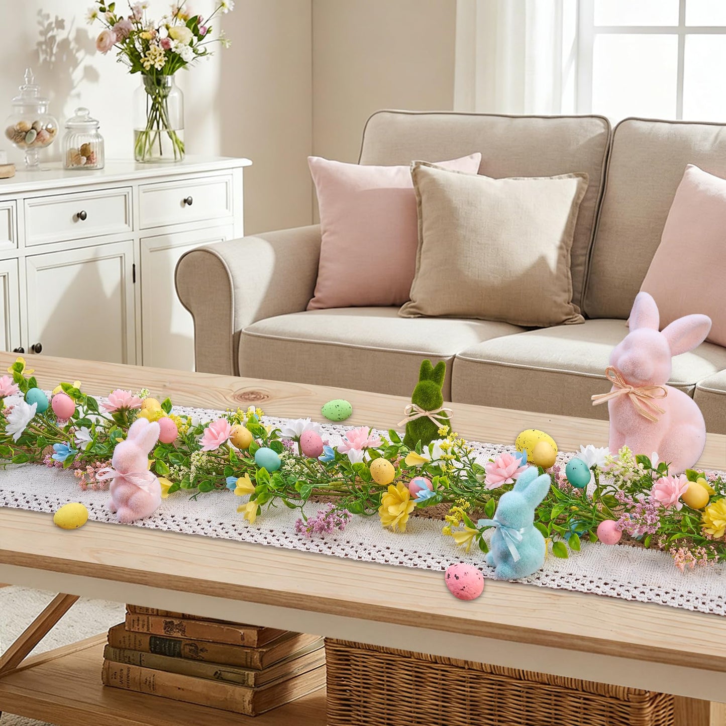6 Ft Easter Garland, Easter Egg Garland for Mantle, Spring Summer Pastel Artificial Flower Garlands, Easter Decorations for Home Mantle Fireplace Indoor Decor