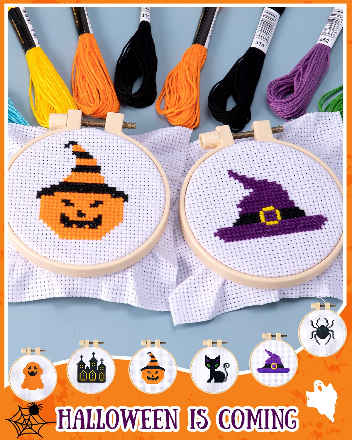 Pllieay Halloween Cross Stitch Beginner Kit for Kids 7-13, Includes 6pcs Project Cross Stitch Pattern and 2pcs Hoops, 8 Skeins, Needle Point Starter Kit Sewing Set with Instructions