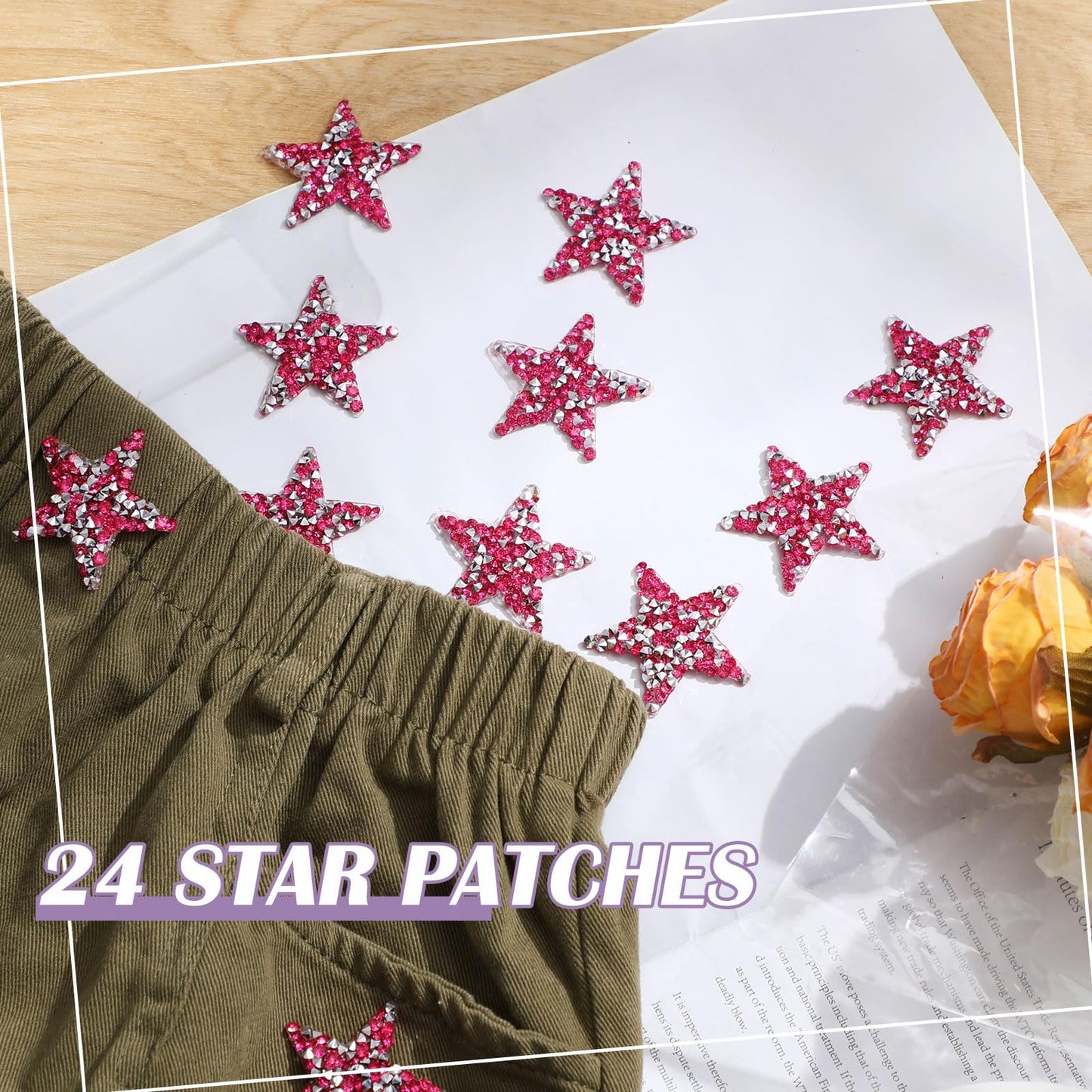 Syhood 24 Pcs Star Patches Iron on Rhinestone Adhesive Sequin Glitter Star Patches Appliques for Graduation Holiday Wedding Clothing Jeans Repair Decors(1.57 Inch,Deep Rose Red)