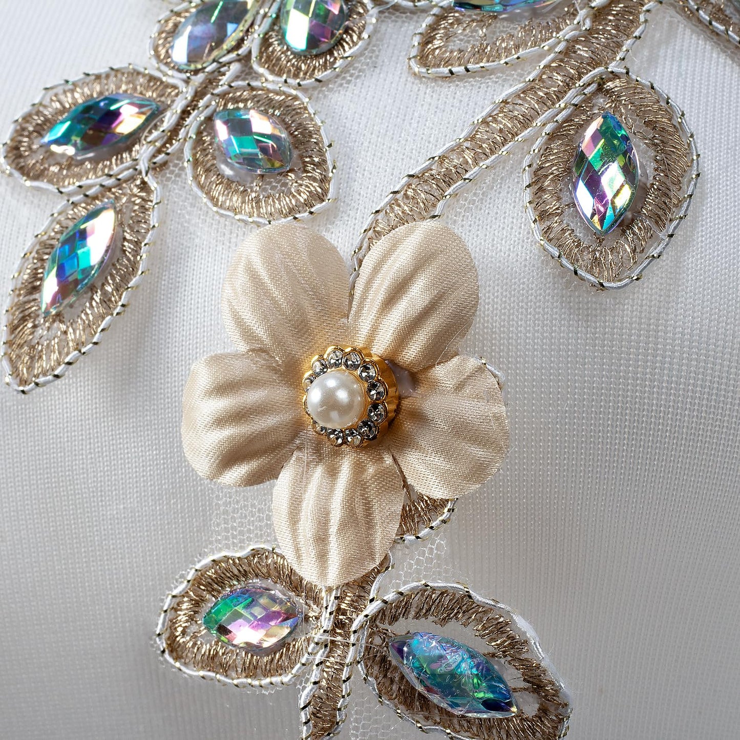 Silvora Pair Embroidered Beaded Pearl Flower Fabric Colorful Rhinestones Applique, Handmade Sewing Tool for Wedding Dress Gown Bodice Costume Clothing Craft DIY