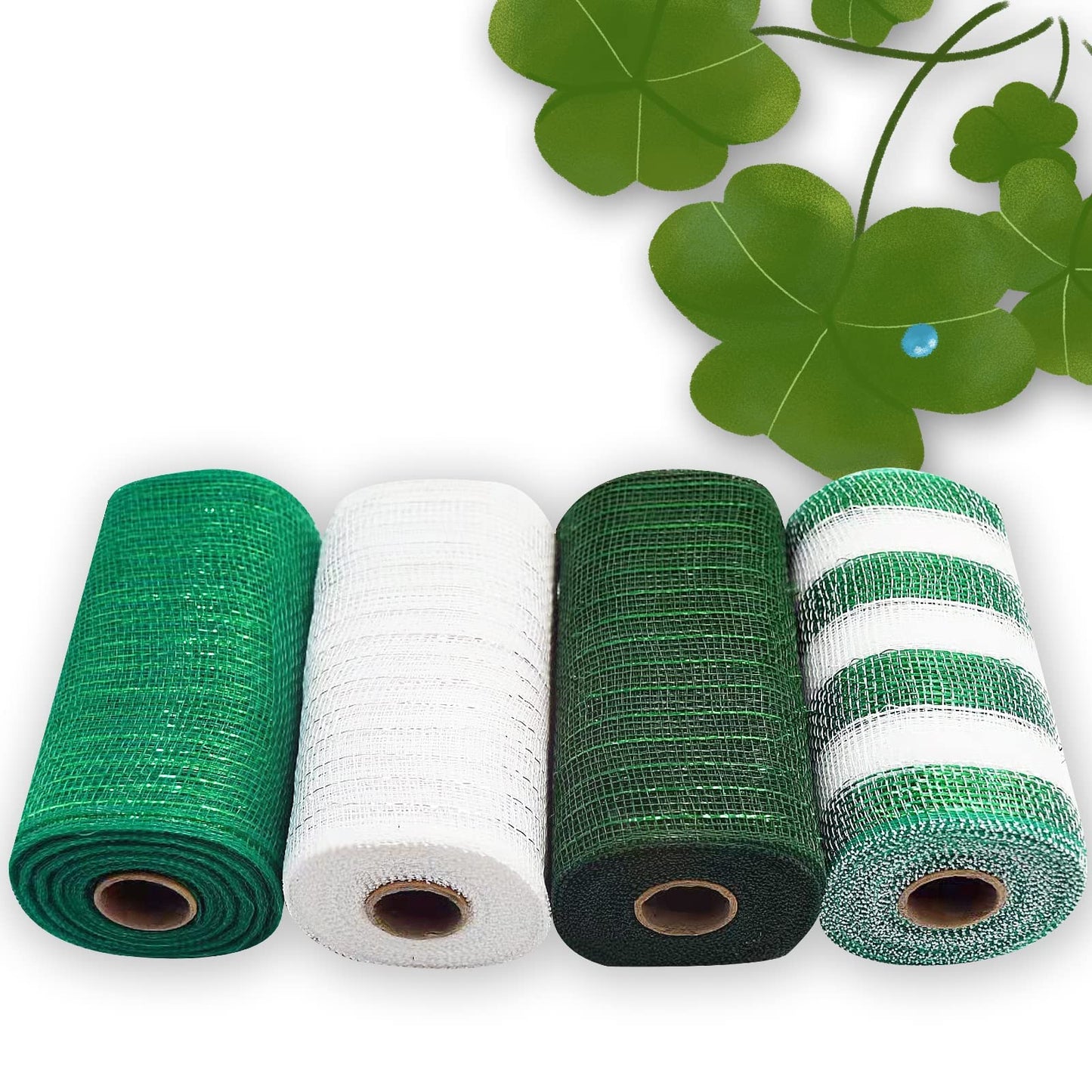 St. Patrick's Day Mesh Ribbon Deco,White Green Dark Green Border Striped Deco Mesh Wire Ribbon Metallic Foil Rolls for DIY St. Patrick's Decorations Wrapping Craft, 4 Rolls(6 inch Wide)