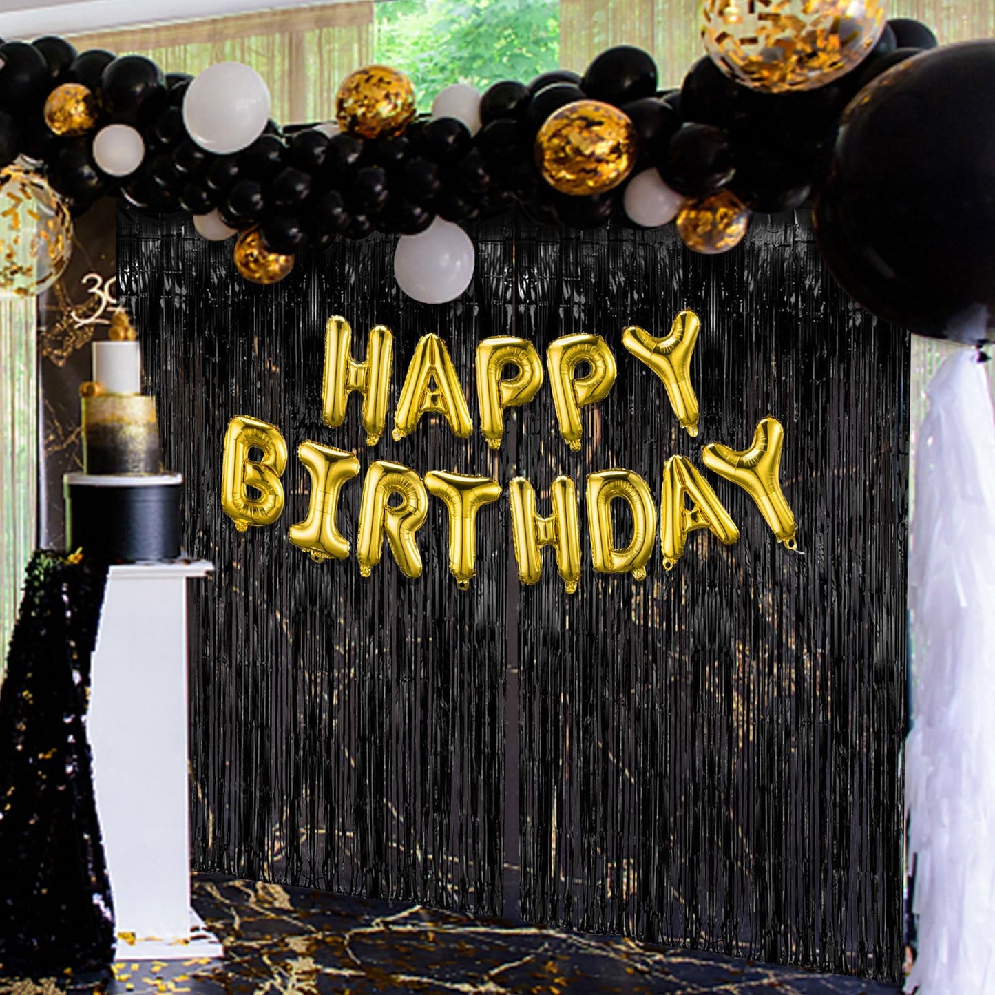 2 Pack Black Party Streamers Backdrop Tinsel Foil Fringe Curtains Halloween Party Decorations Birthday Wednesday Twilight Party Decorations Graduation Wizard Party Supplies