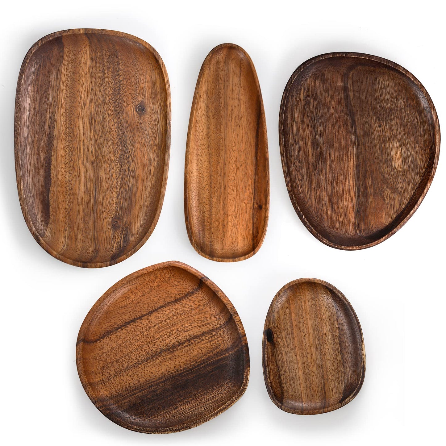 Set of 5 Acacia Wood Serving Platter and Trays, Irregular Oval Solid Wood Plates Serving Tray, Lightweight Wood Dinner Plates for Breakfast, Coffee, Tea, Snack, Plant, Housewarming Gift