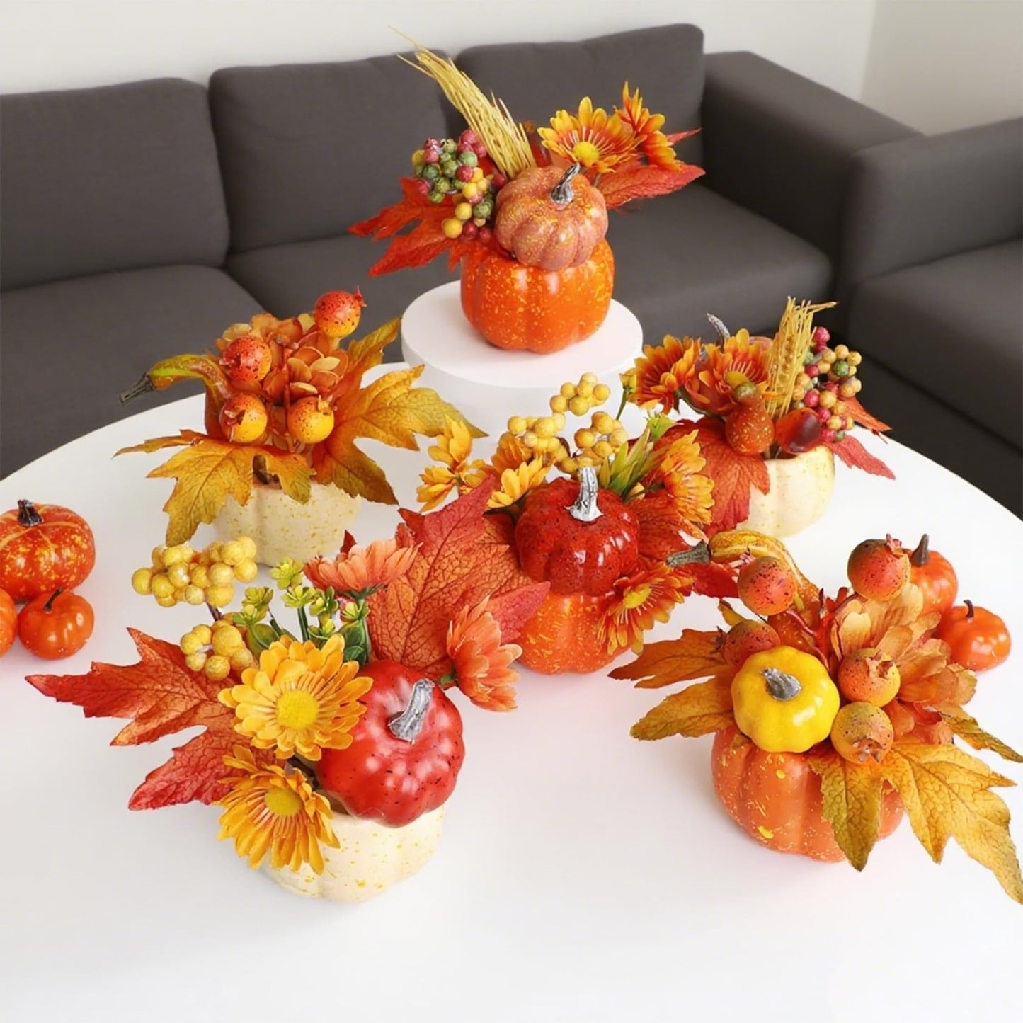 Fall Decorations for Home - Set of 6 Artificial Pumpkins with Maple & Flowers, Thanksgiving Table Decor, Pumpkin Vases Centerpiece for Kitchen Office Indoor