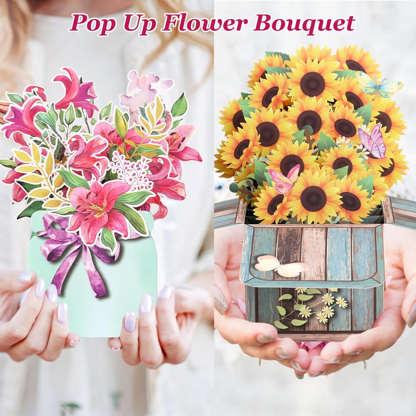 Giiffu 4 Pack Pop Up Flower Bouquet Cards, 3D Paper Flower Greeting Cards with Envelope & Note, Pop Up Birthday Cards for Women, Mothers Day Card, Thank You, Get Well, All Occasion Gift Cards