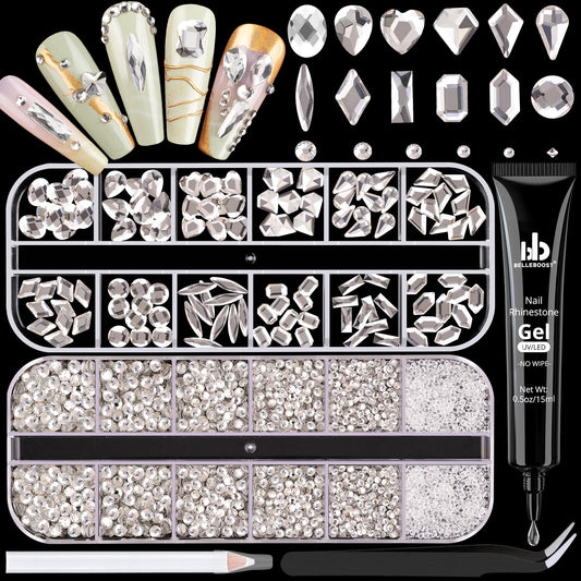 2630Pcs Clear Glass Nail Rhinestones 120Pcs Multi Shapes Flatback Gems Crystal + 2510Pcs 1.5-4mm Round Beads with Rhinestones Glue Gel, Manicure Diomand Jewelry Gemstones for Nail Design Makeup