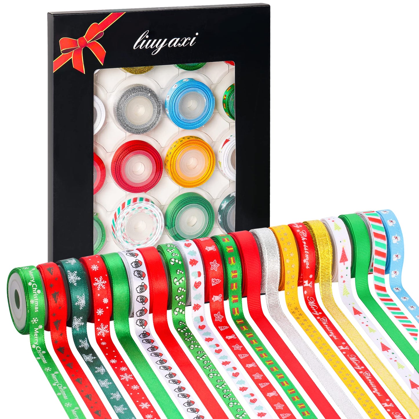 LIUYAXI 100 Yards 20 Rolls Christmas Ribbons Printed Grosgrain Ribbon Metallic Glitter Holiday Festival Double Faced Satin Ribbons 10 mm Wide for Gift Wrapping Crafts Xmas Decorations