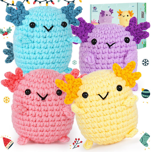 Crochetta Crochet Kit for Beginners, Crochet Starter Kit w Step-by-Step Video Tutorials, Beginner Crochet Kit for Adults Kids Women Men Complete Kit Included (4 Mini Axolotls)