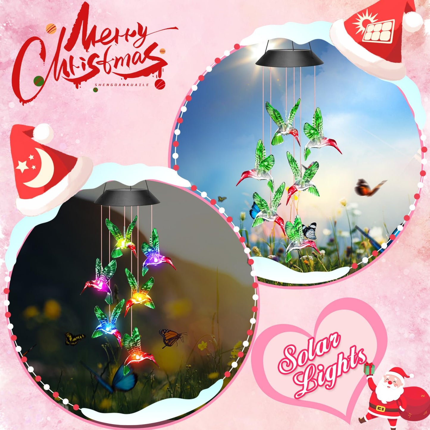 Winzwon Birthday Gifts for Women Mom Grandma, Solar Hummingbird Wind Chimes for Outside Solar Lights Outdoor Decor Hanging Mobile Garden Yard Patio