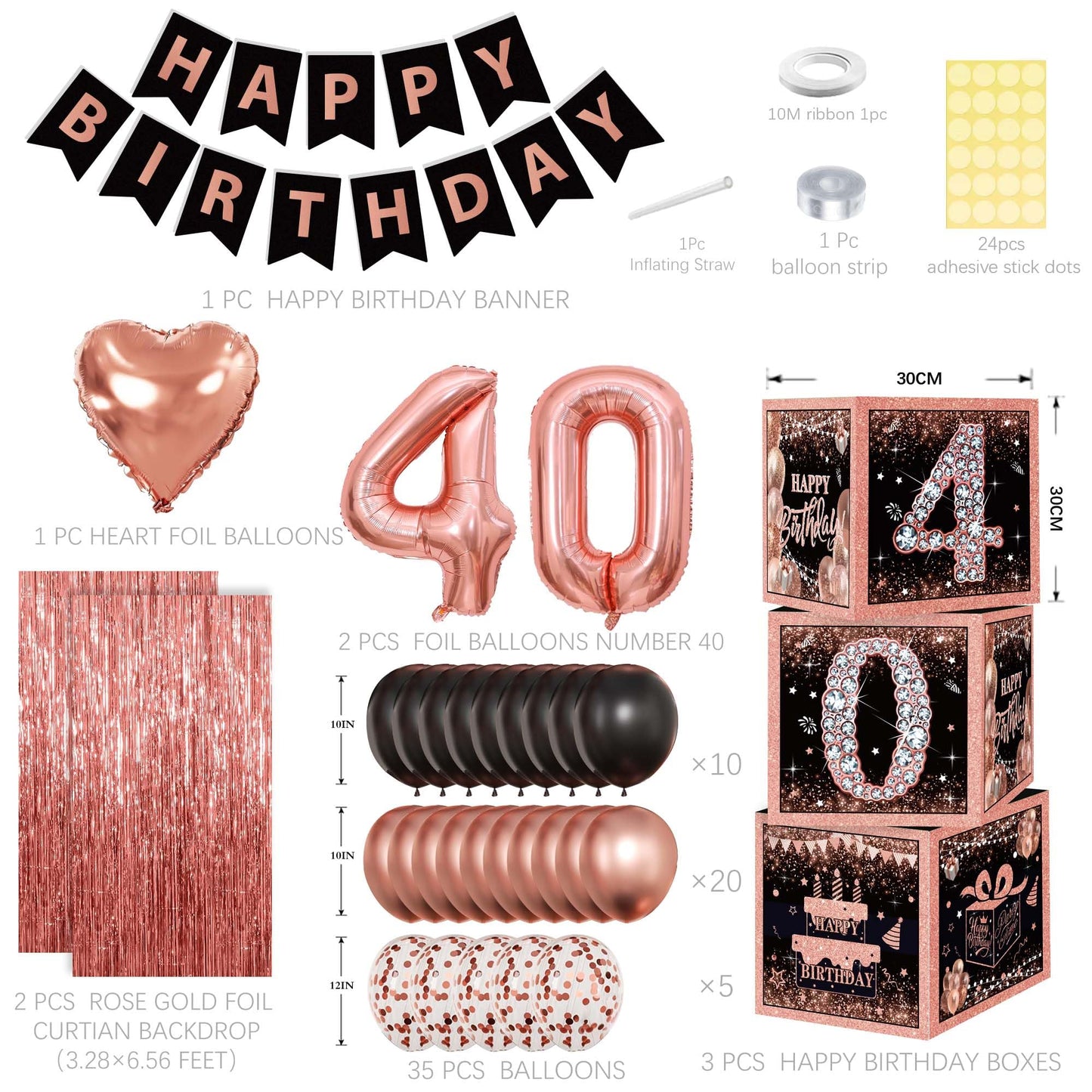 Rose Gold 40th Birthday Decorations for Women - Fabulous 40 Birthday Party Supplies Include 3pcs Balloon Boxes, Number 40 Foil Balloons, Fringe Curtains, Black Pink Garland Arch Kit - Photo Backdrop