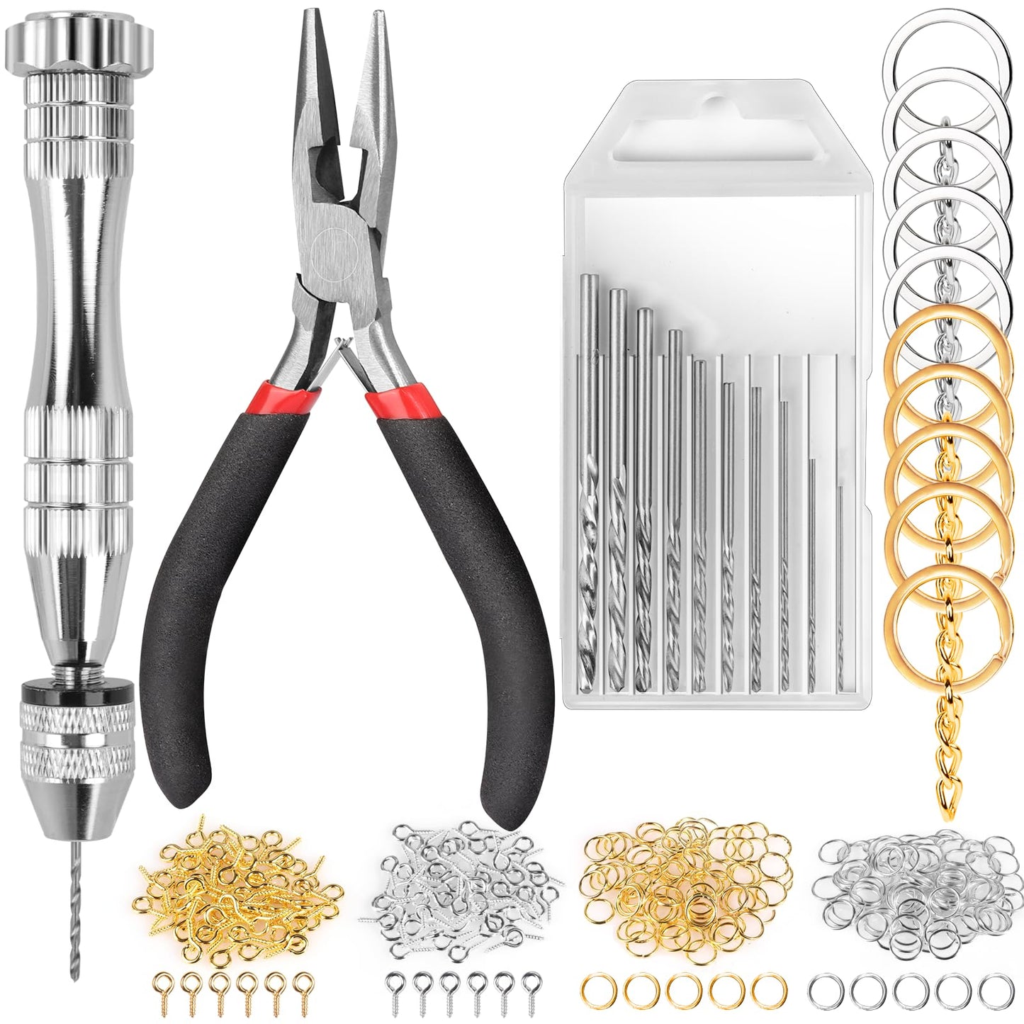 LEOBRO Hand Drill, 222 PCS Pin Vise Hand Drill with Drill Bits(0.8 mm-3 mm), Needle Nose Pliers, Keychain Making Kit, Jewelry Making Supplies, Hand Drill Tools for Jewelry Keychains Making