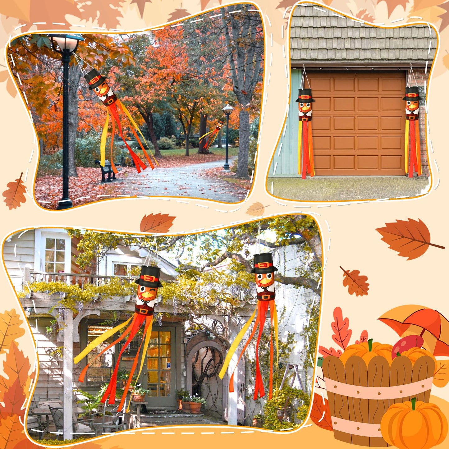 2 Pcs 40 Inch Turkey Windsocks, Fall Turkey Wind Sock Thanksgiving Outdoor Hanging Flag Autumn Outside Decorations for Garden Lawn Yard Balcony Patio Decor